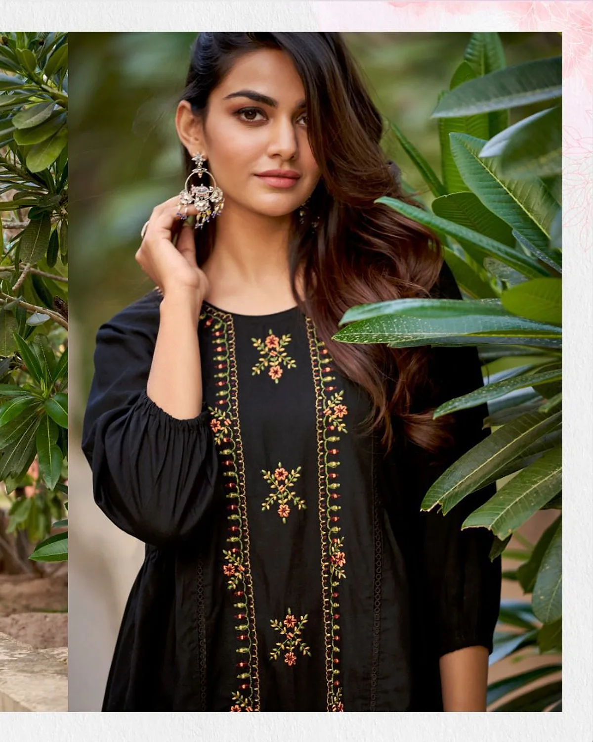 Black Embroidered Flared Kurti in Black, the look