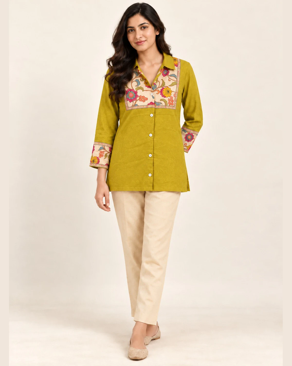 Woman wearing an olive green shirt kurti with a cream floral yoke and cream trousers