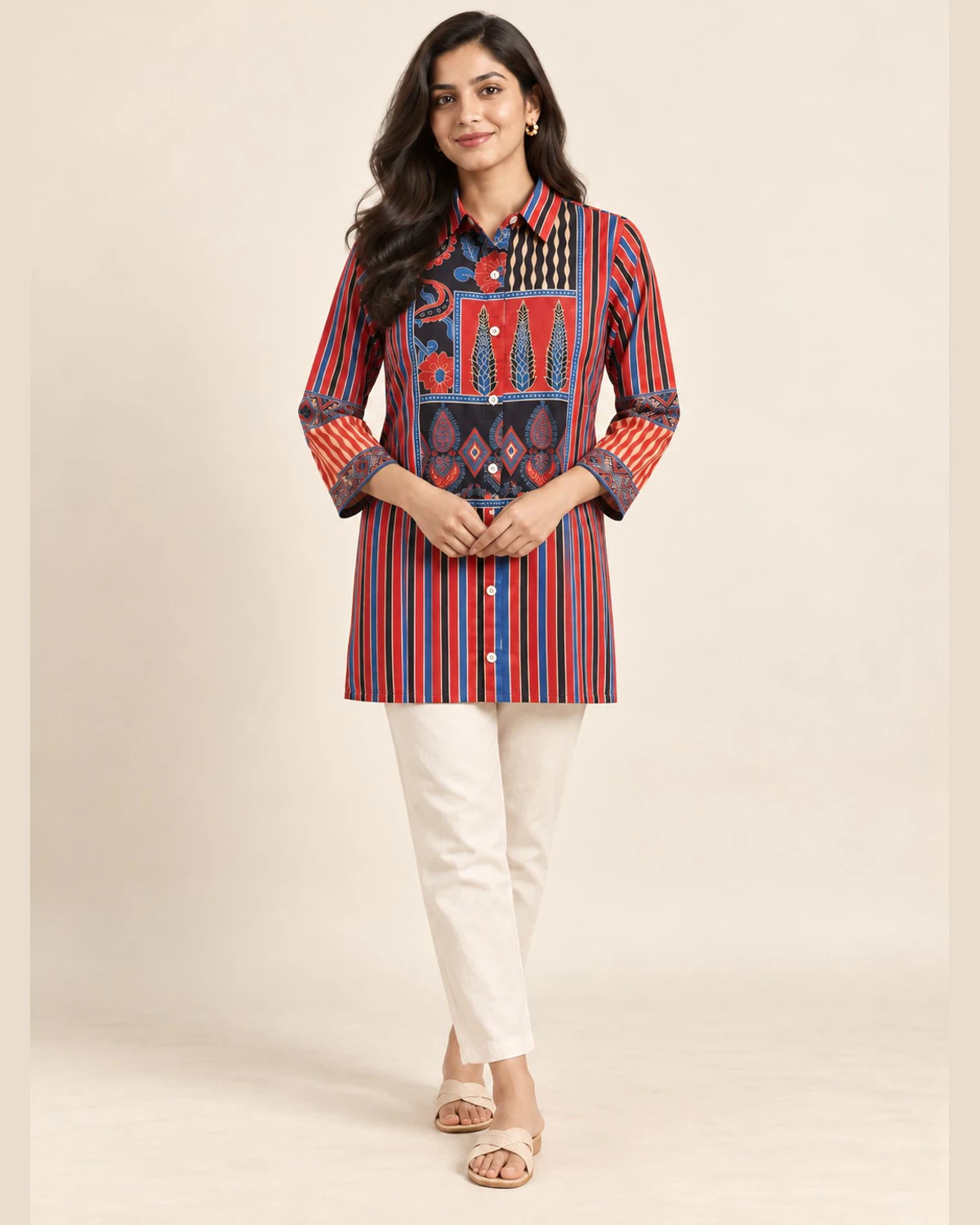 Woman wearing a red and navy striped shirt kurti with a printed panel and cream trousers