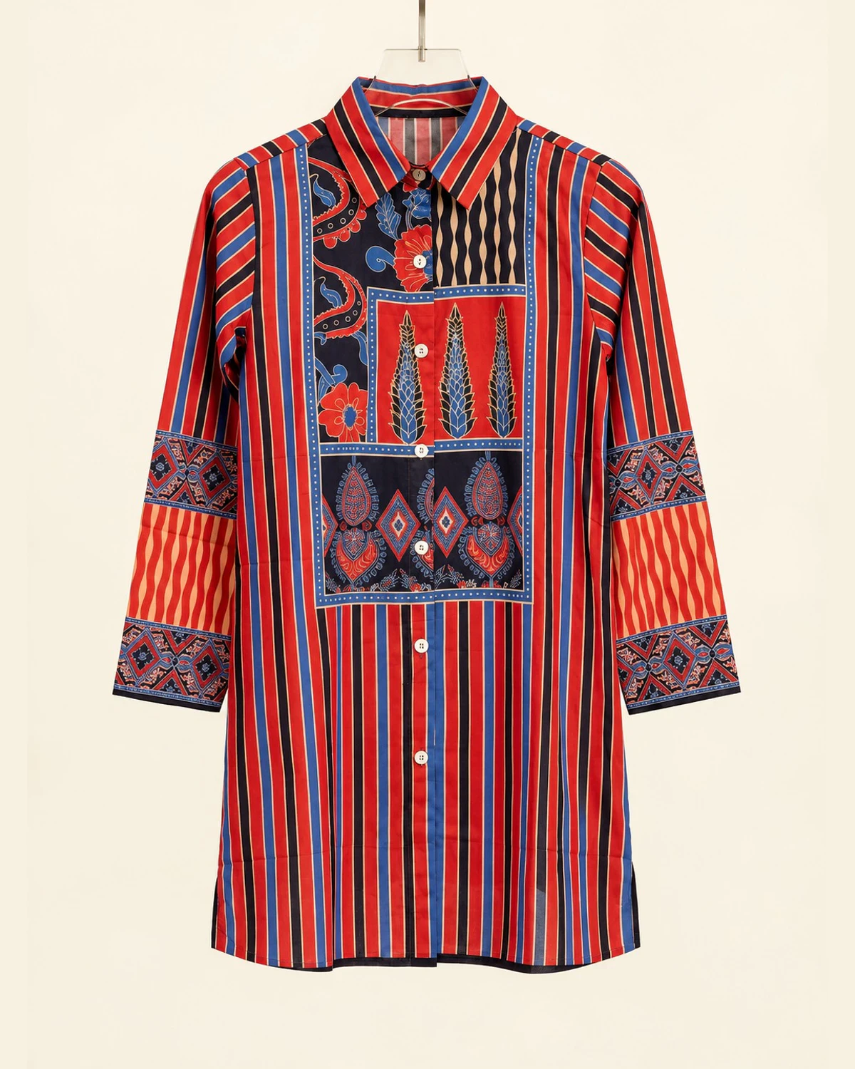 Red and navy striped cotton shirt kurti with a printed front panel on a hanger