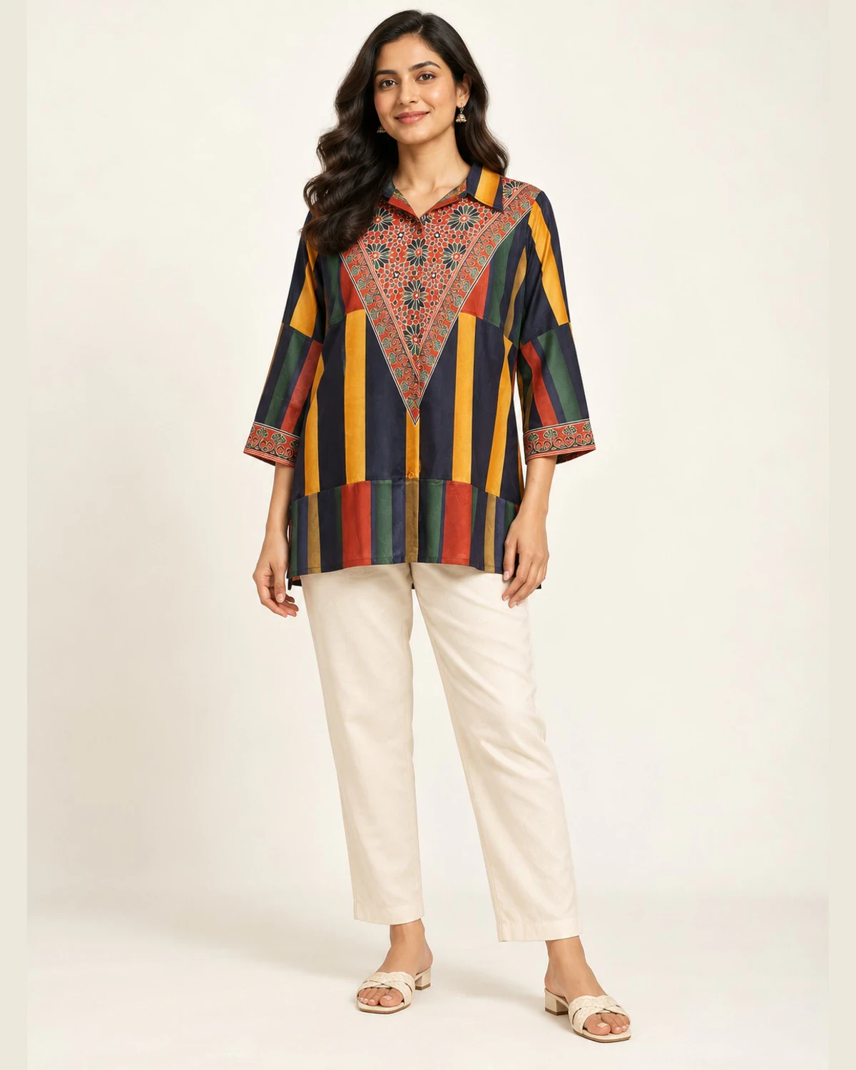Woman wearing a navy and ochre striped shirt kurti with a rust yoke and cream trousers