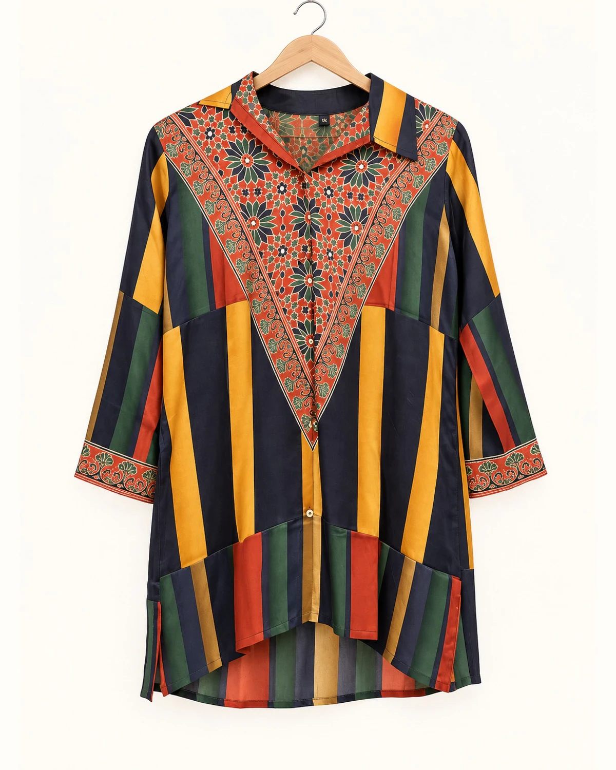 Navy and ochre striped crepe shirt kurti with a rust V yoke on a hanger