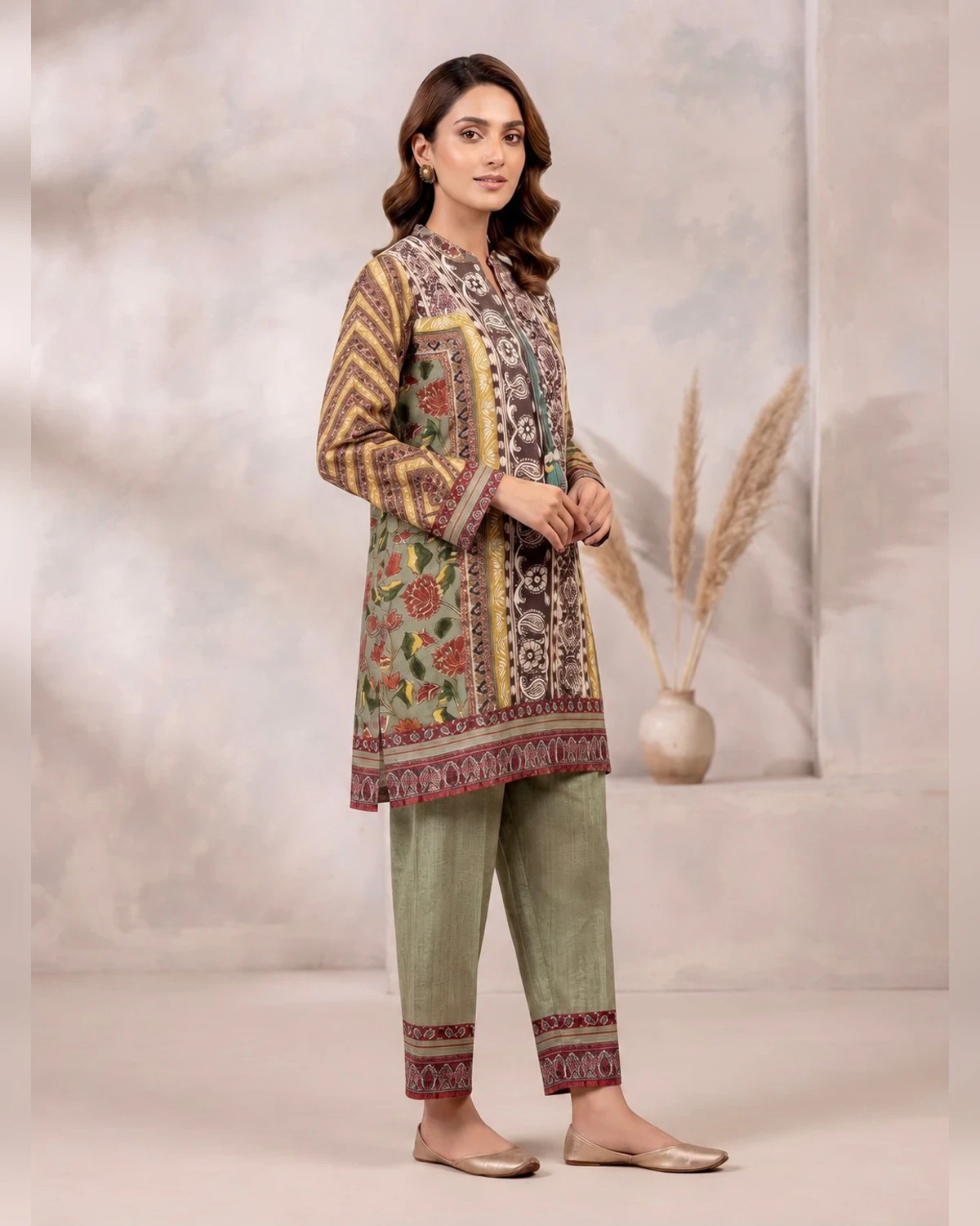 Woman wearing a brown printed muslin kurta with olive green trousers