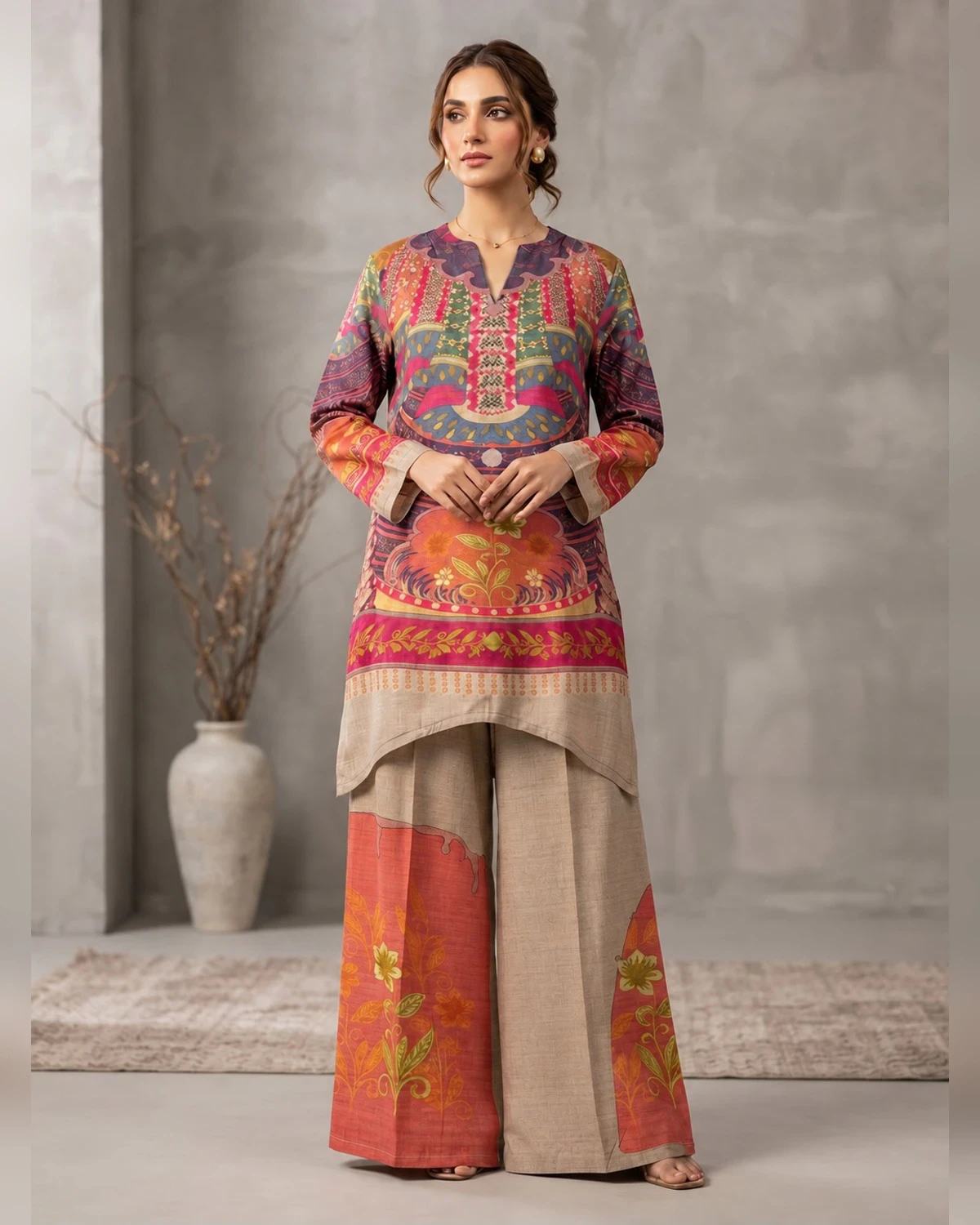 Woman wearing a pink and green printed kurta with wide-leg beige and coral trousers