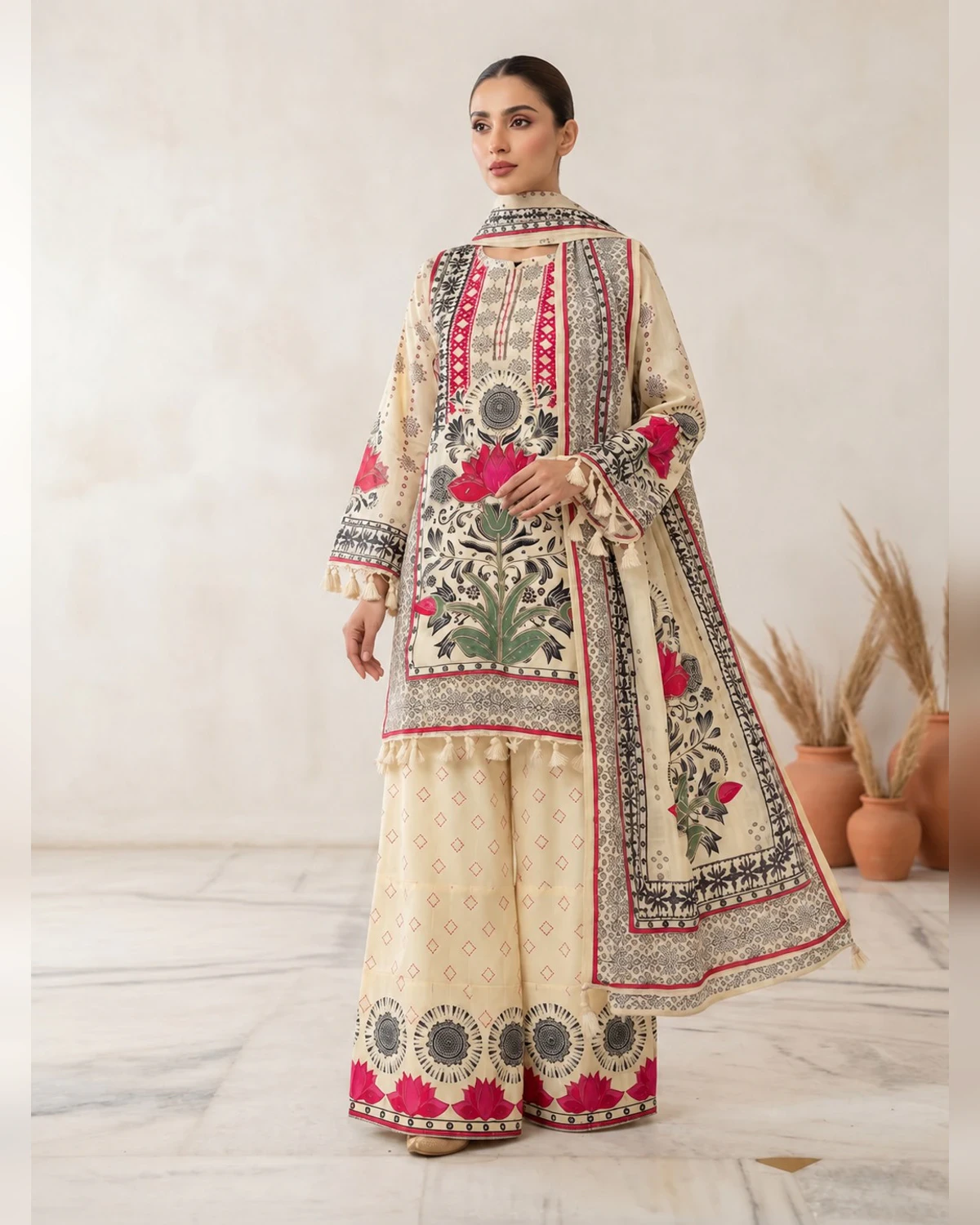 Woman wearing a cream kurta with a pink lotus print, wide-leg trousers and dupatta