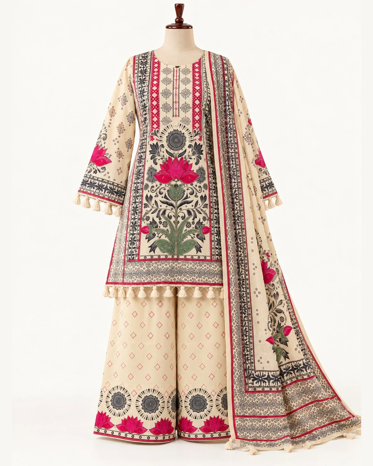 Cream and pink lotus print crepe kurta and trousers on a stand, with the matching dupatta