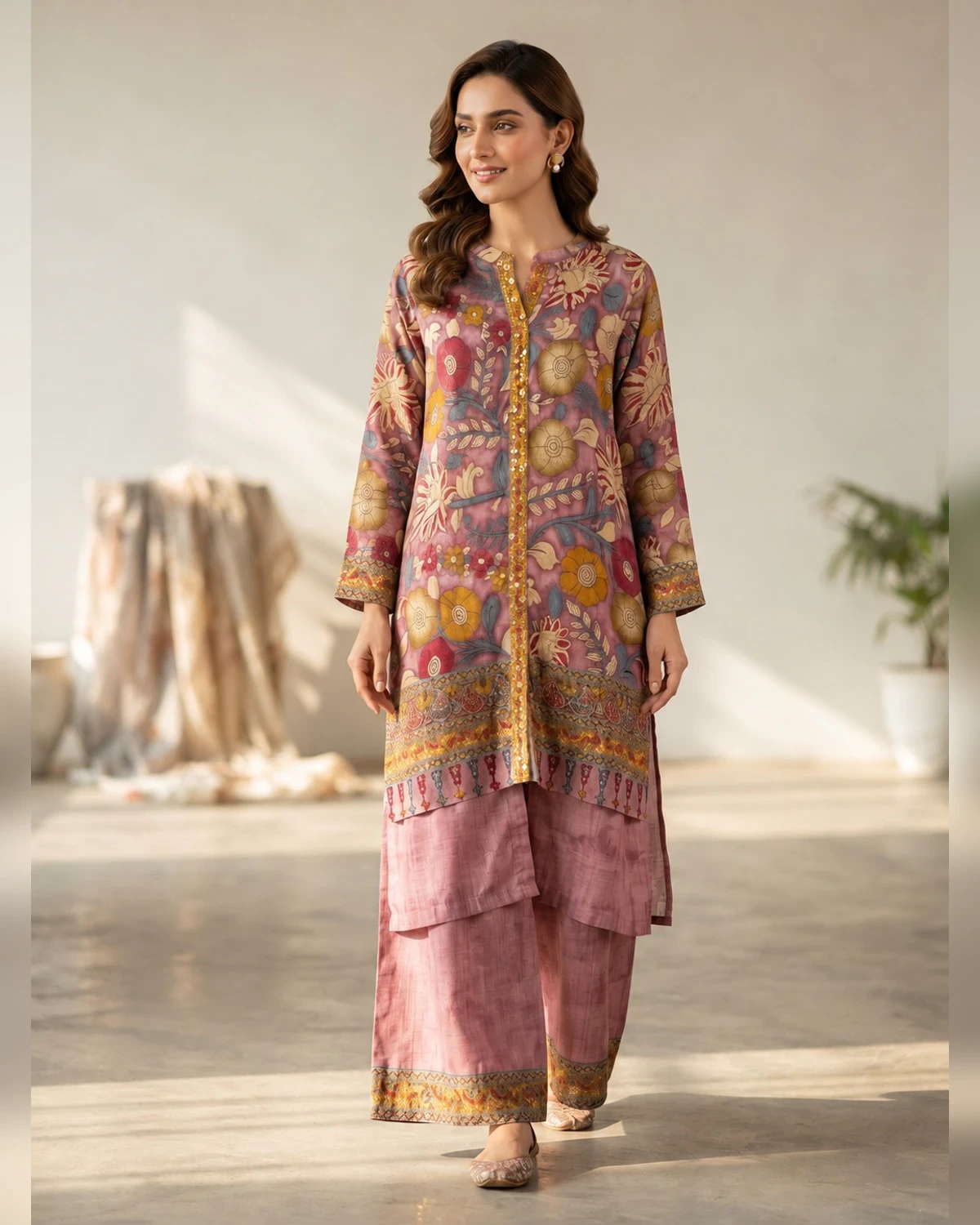 Woman wearing a mauve floral print kurta with button placket and mauve trousers