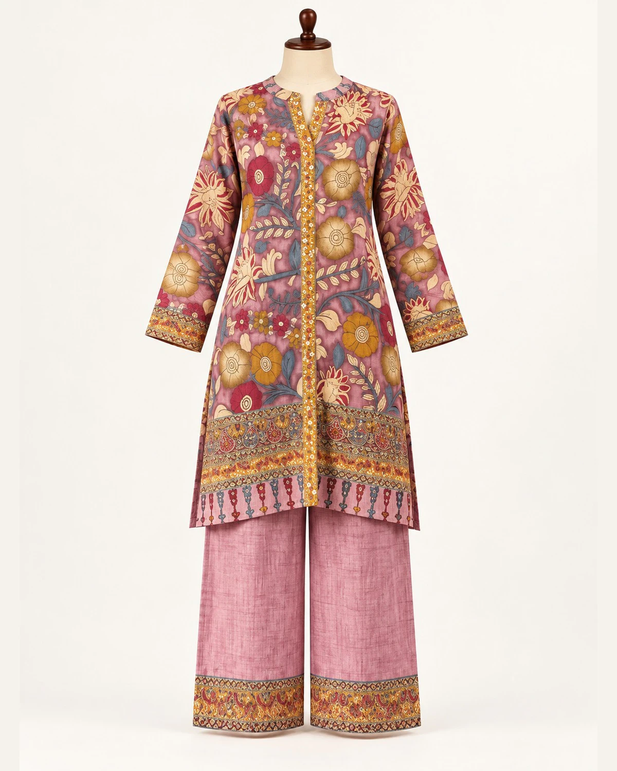 Mauve floral print muslin kurta and trousers on a stand, front view