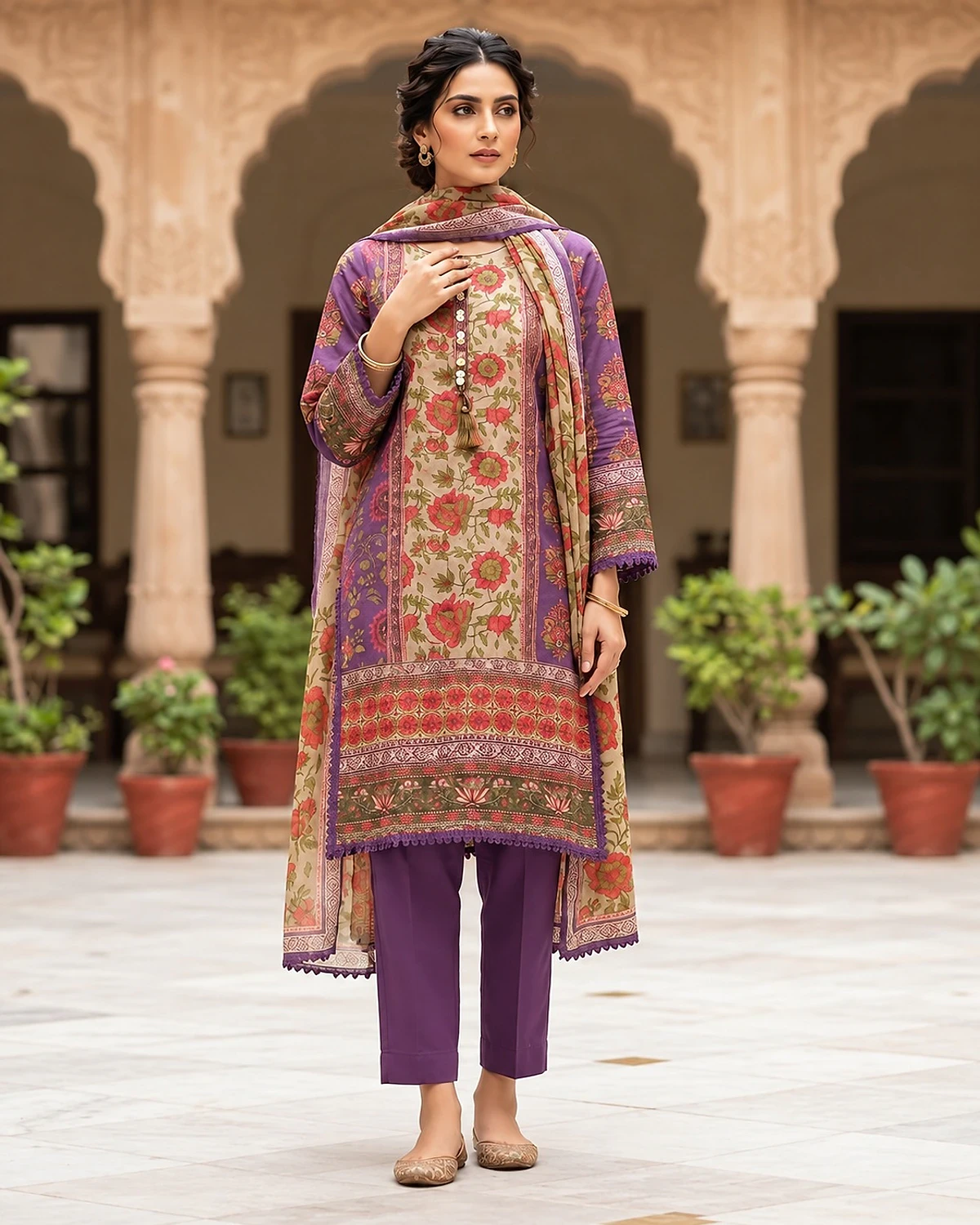 Woman wearing a plum and beige kurta, trousers and dupatta