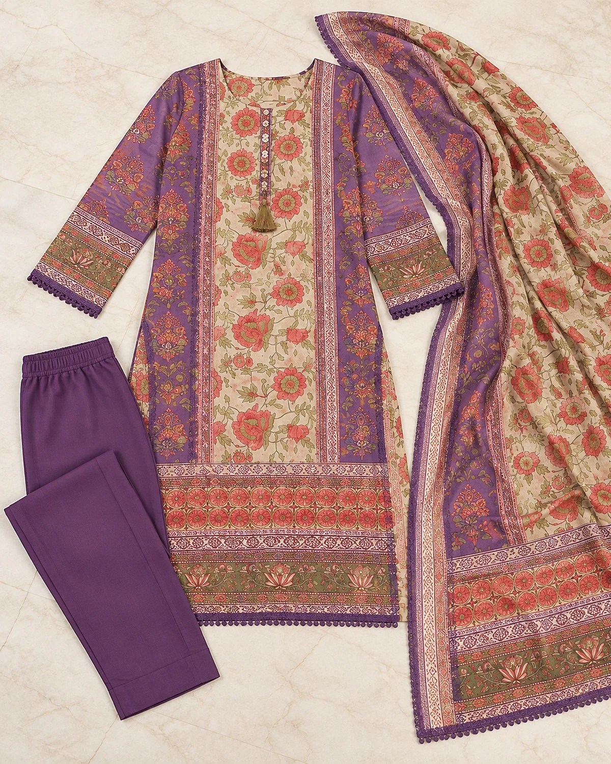 Plum and beige kurta, trousers and dupatta laid out flat