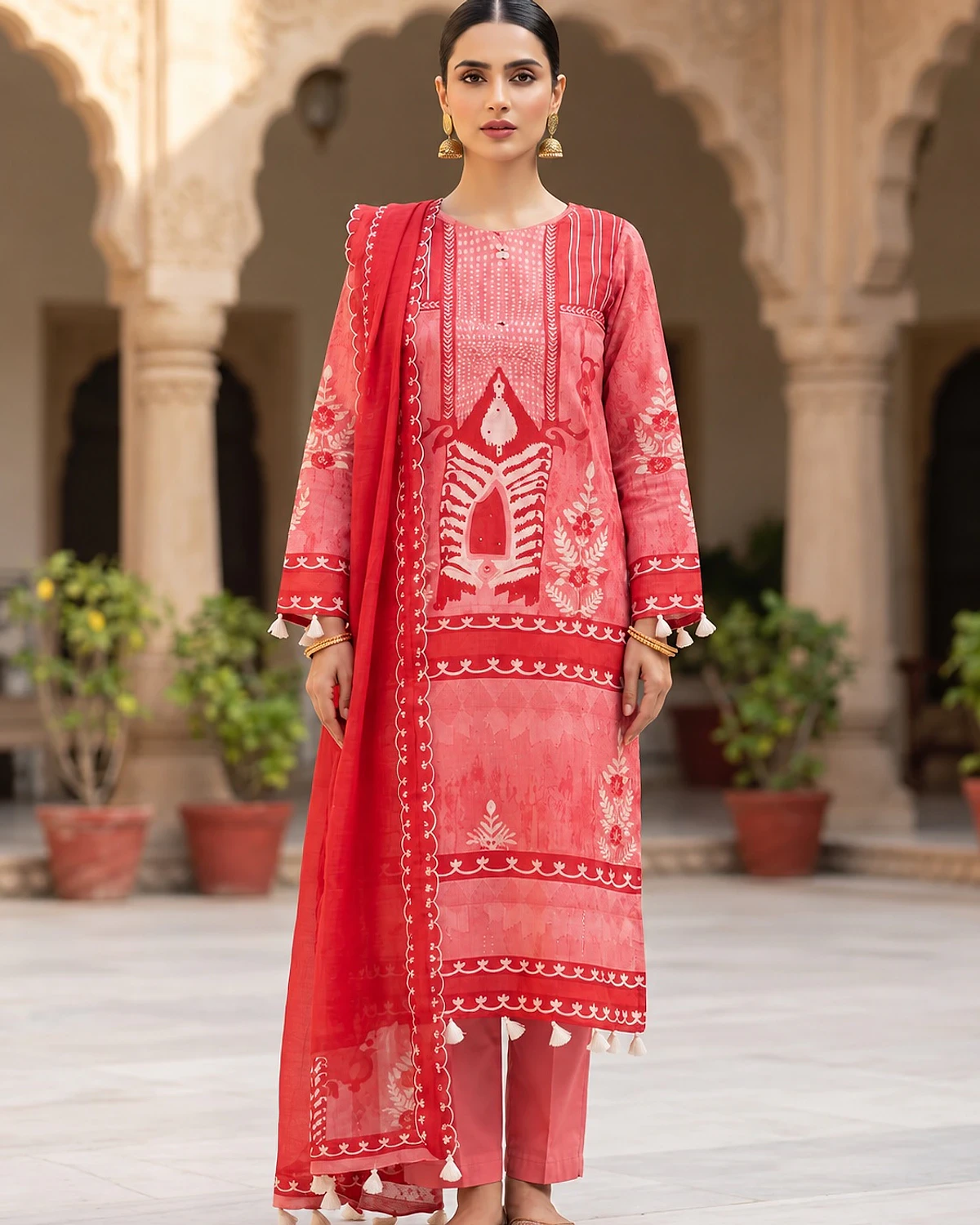 Woman wearing a red kurta, trousers and dupatta