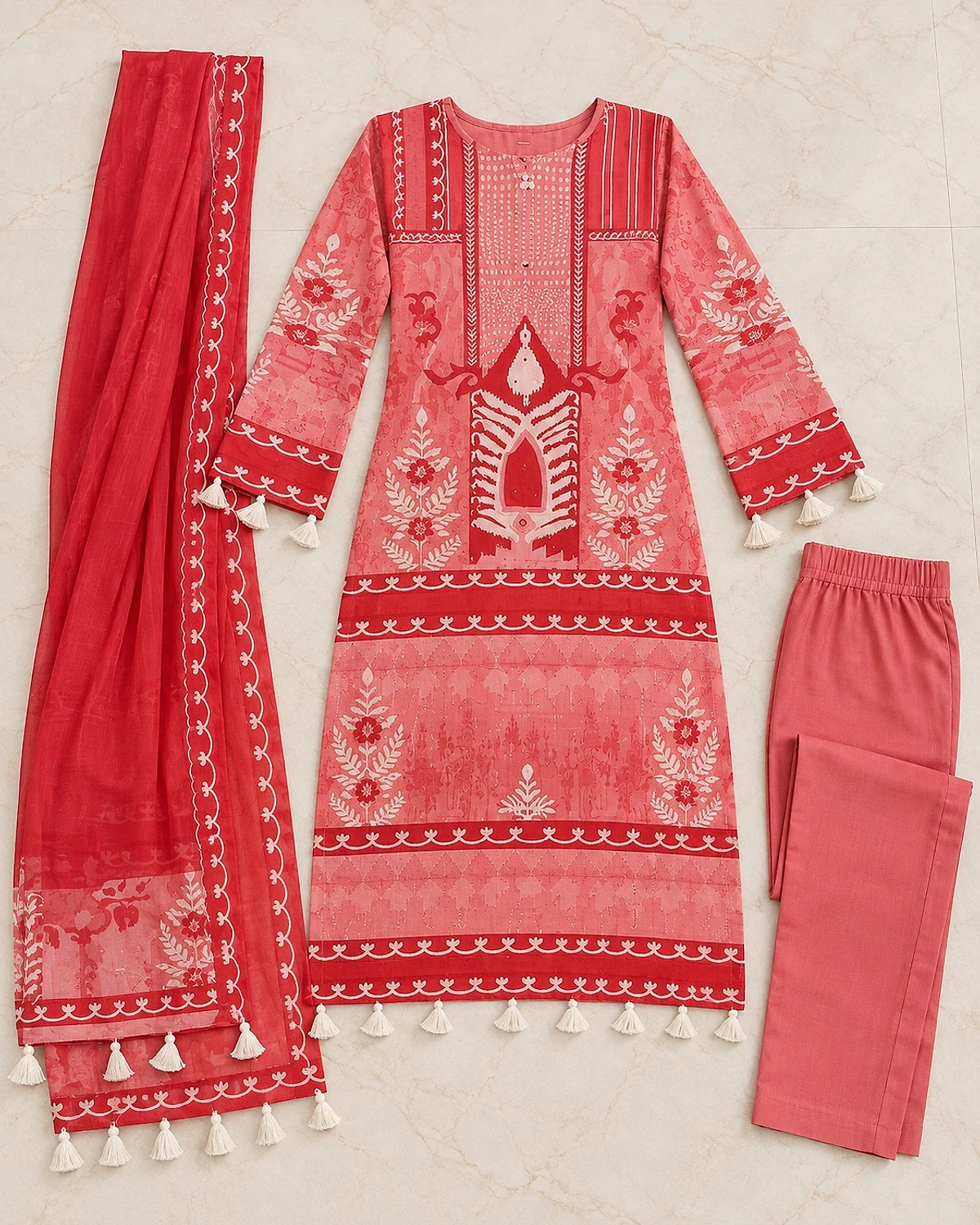 Red kurta, trousers and dupatta laid out flat