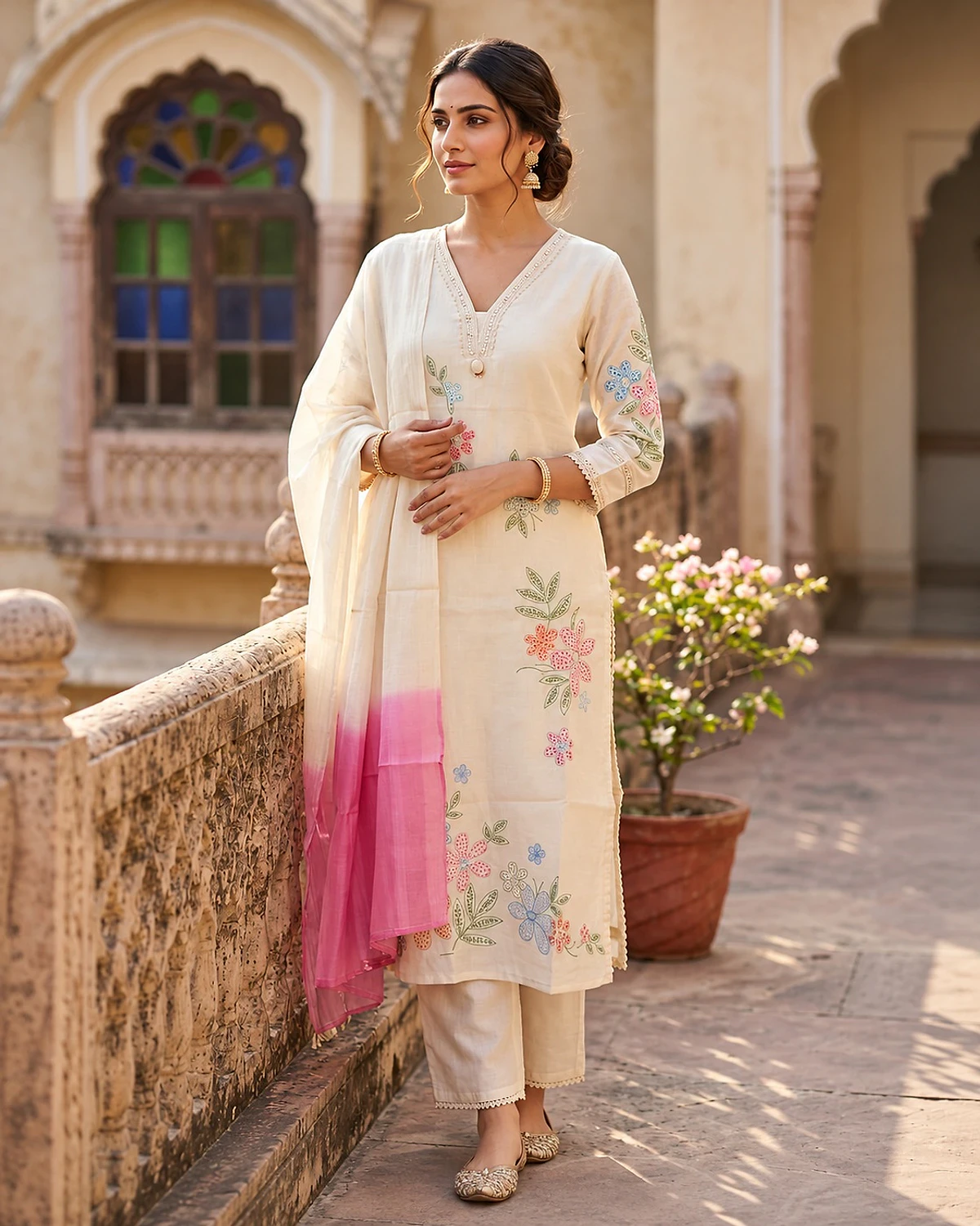 Woman wearing a ivory kurta, trousers and dupatta