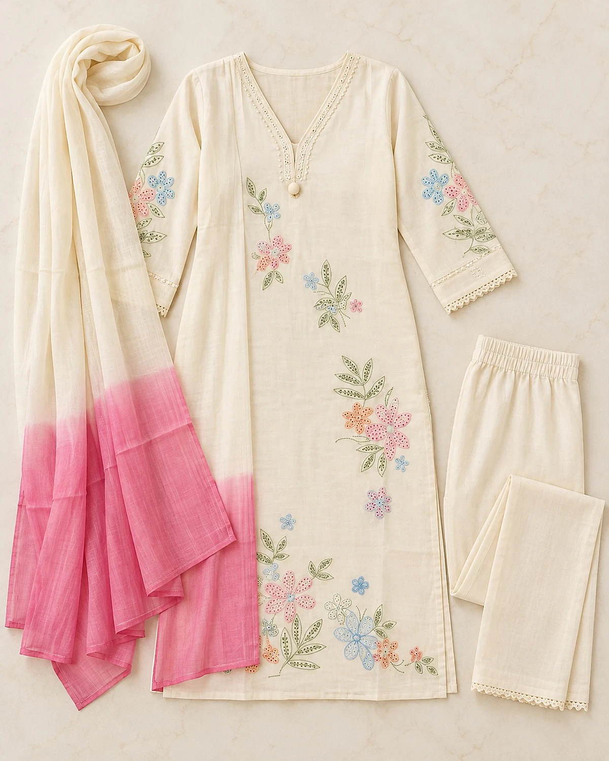 Ivory kurta, trousers and dupatta laid out flat