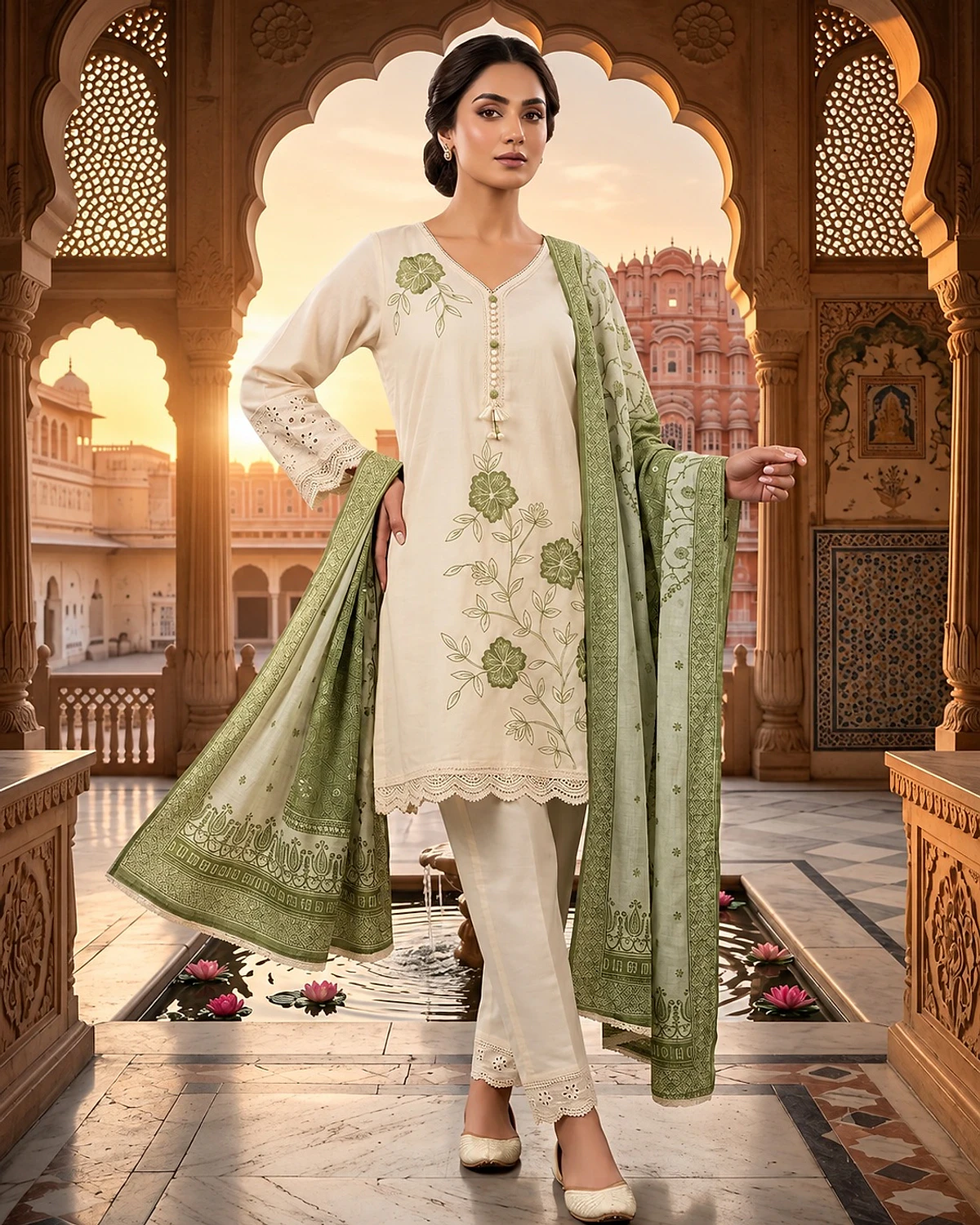 Woman wearing a ivory kurta, trousers and dupatta