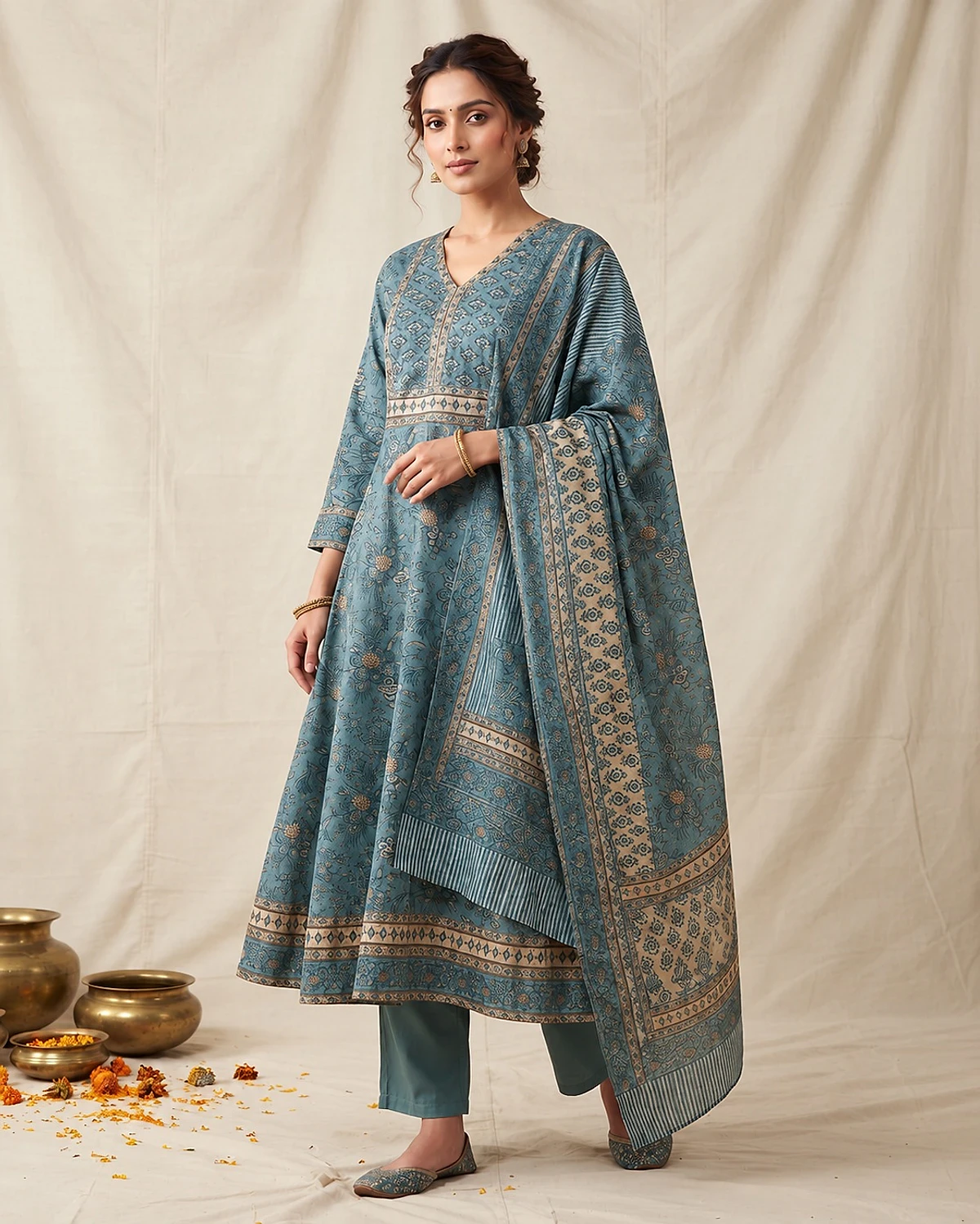 Woman wearing a blue grey kurta, trousers and dupatta
