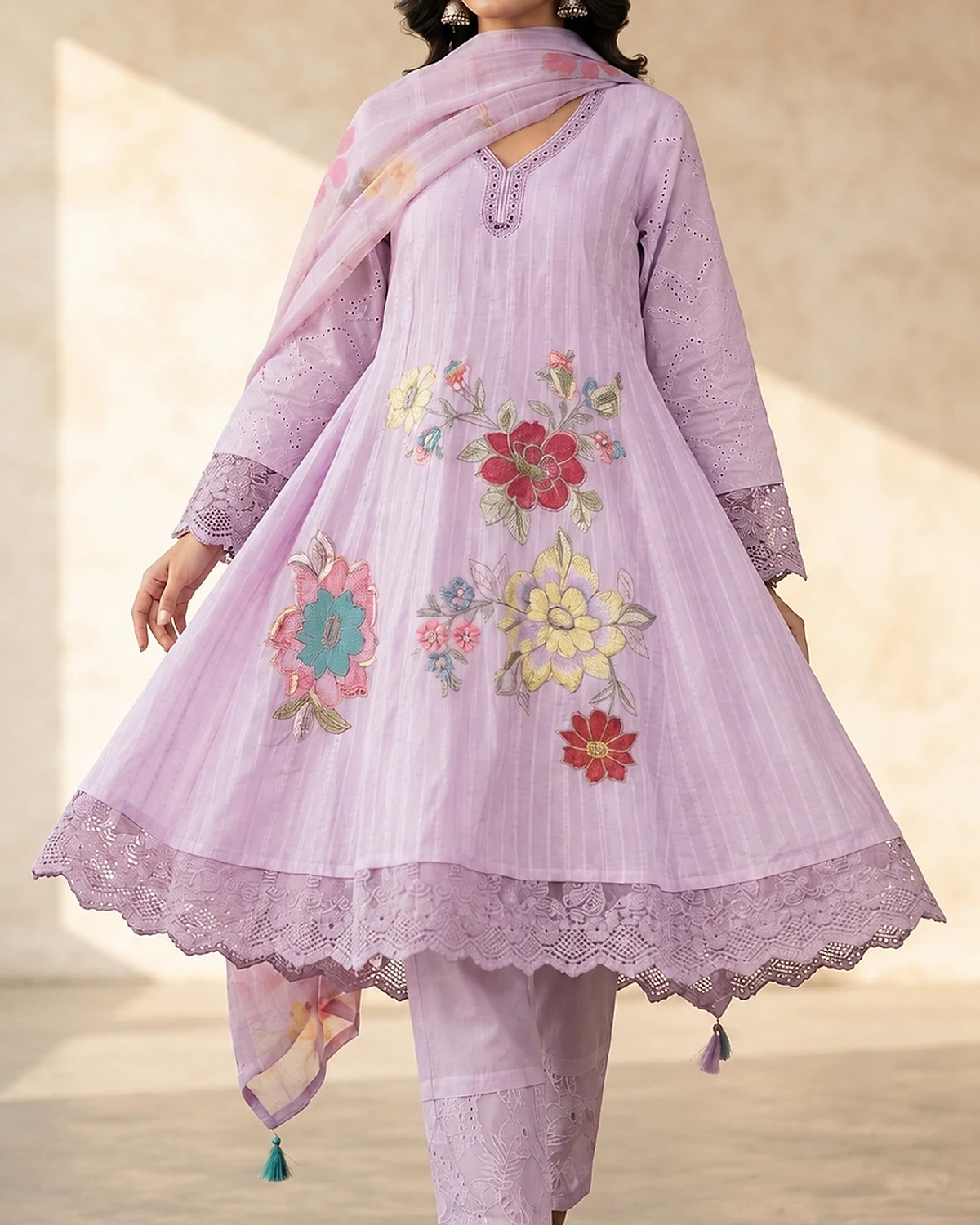 Woman wearing a lilac kurta, trousers and dupatta