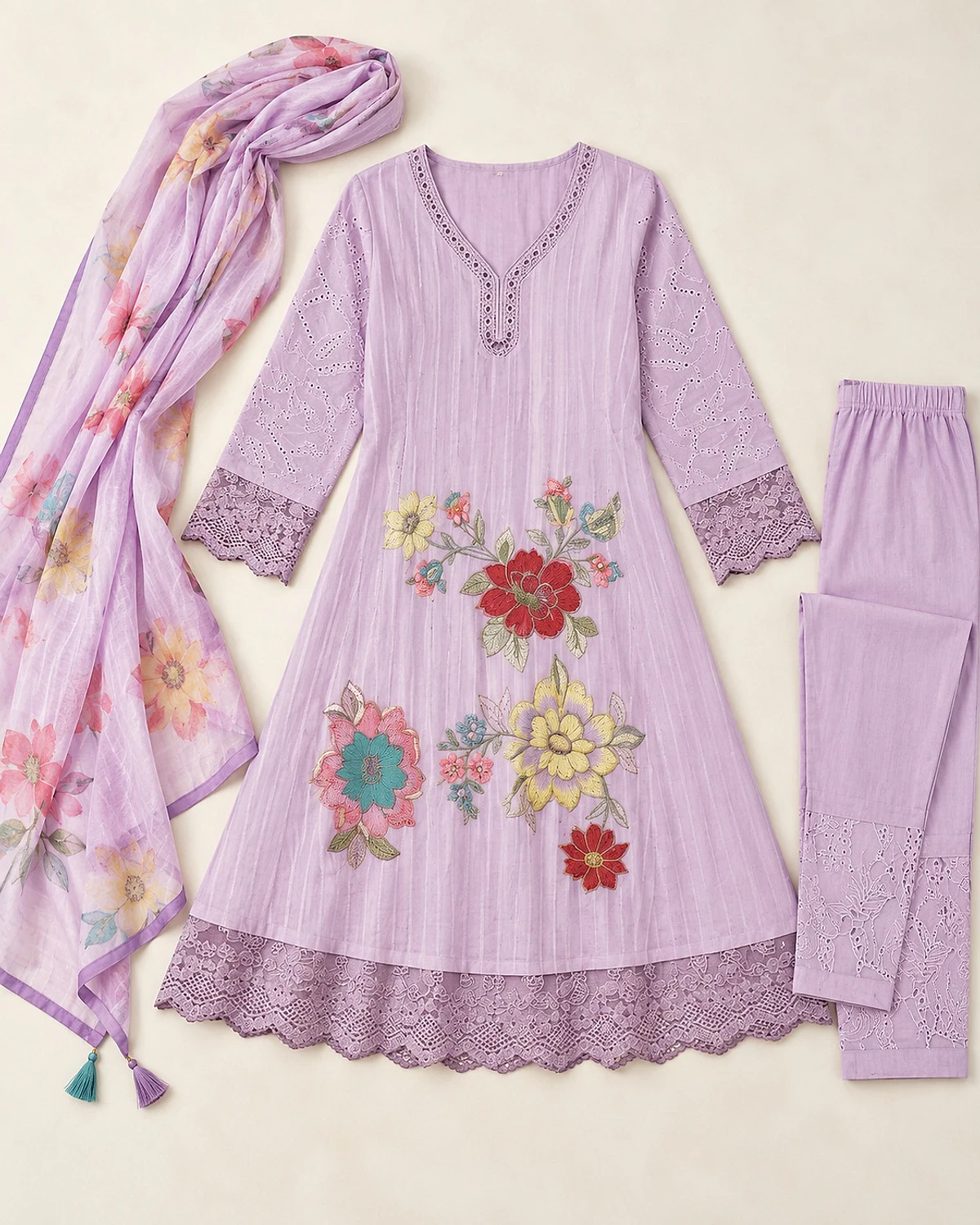 Lilac kurta, trousers and dupatta laid out flat