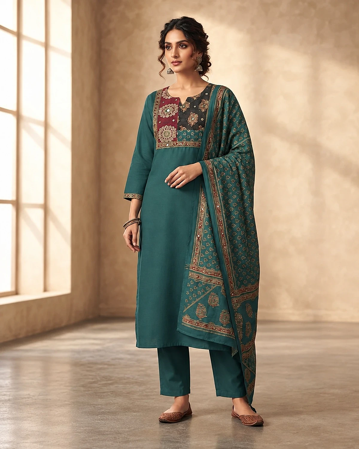 Woman wearing a teal kurta, trousers and dupatta