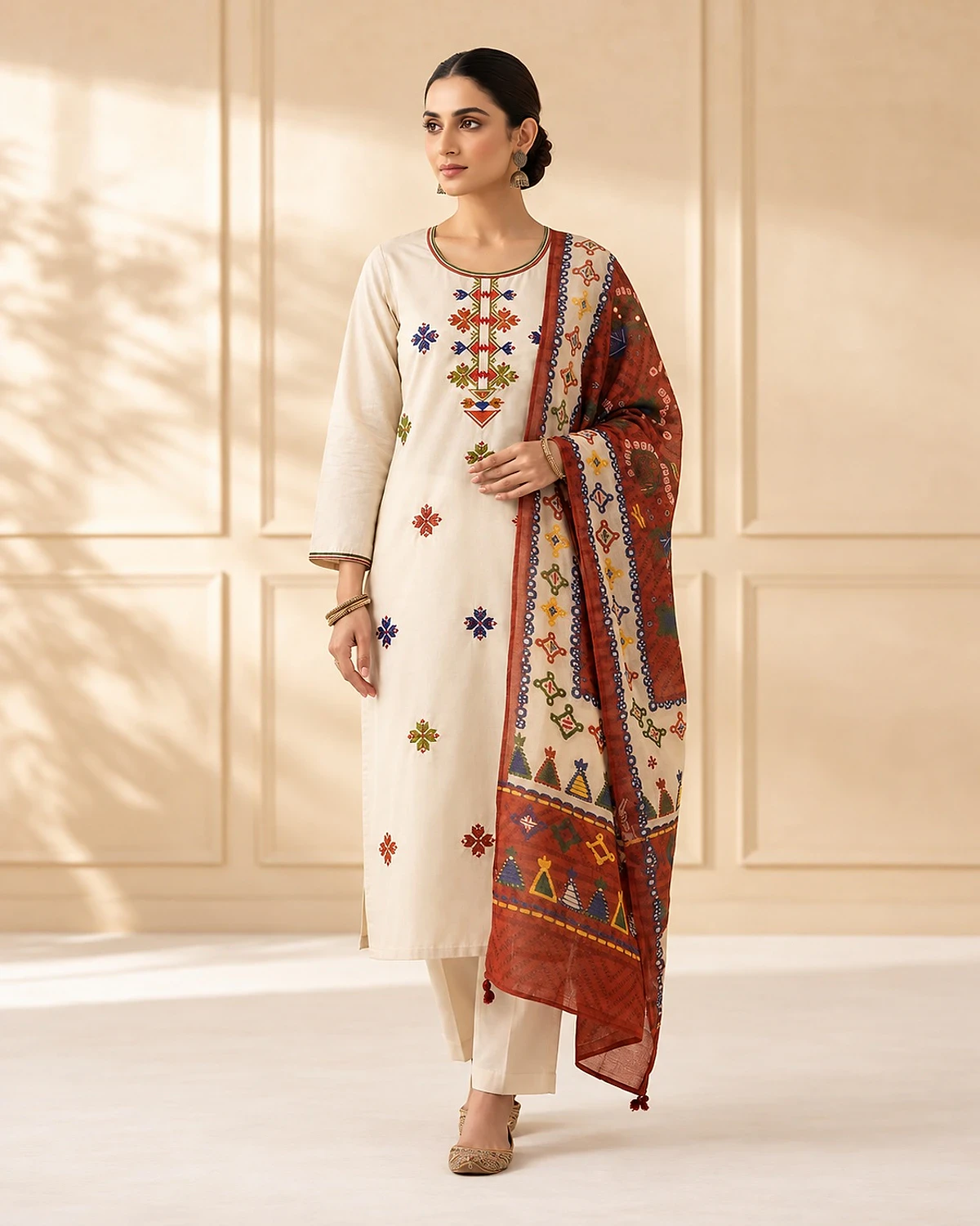 Woman wearing a ivory kurta, trousers and dupatta