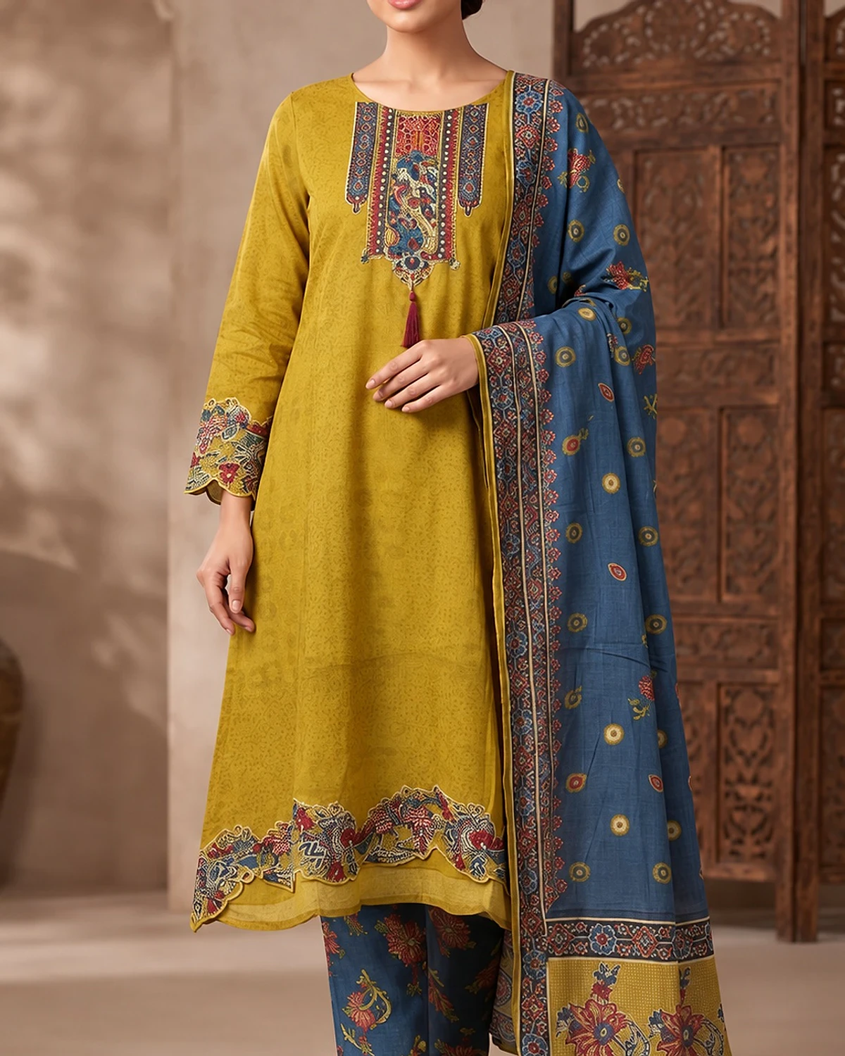 Woman wearing a mustard kurta, trousers and dupatta