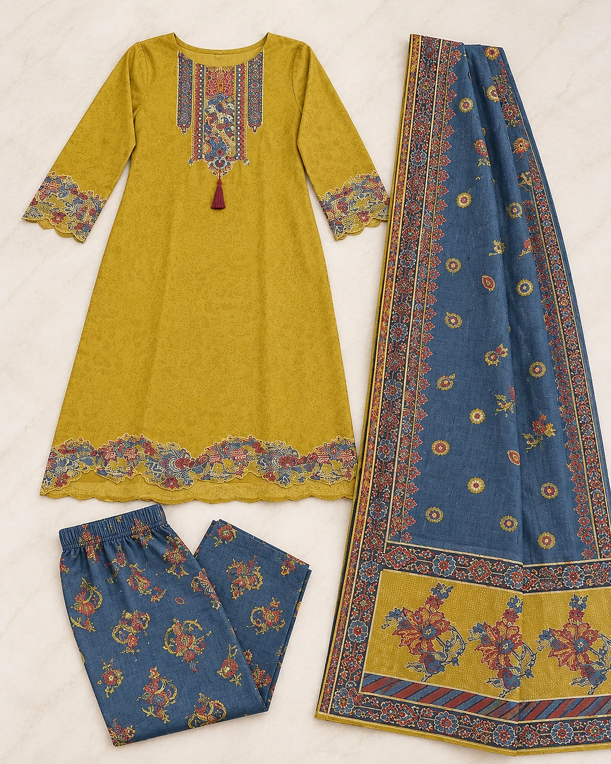 Mustard kurta, trousers and dupatta laid out flat
