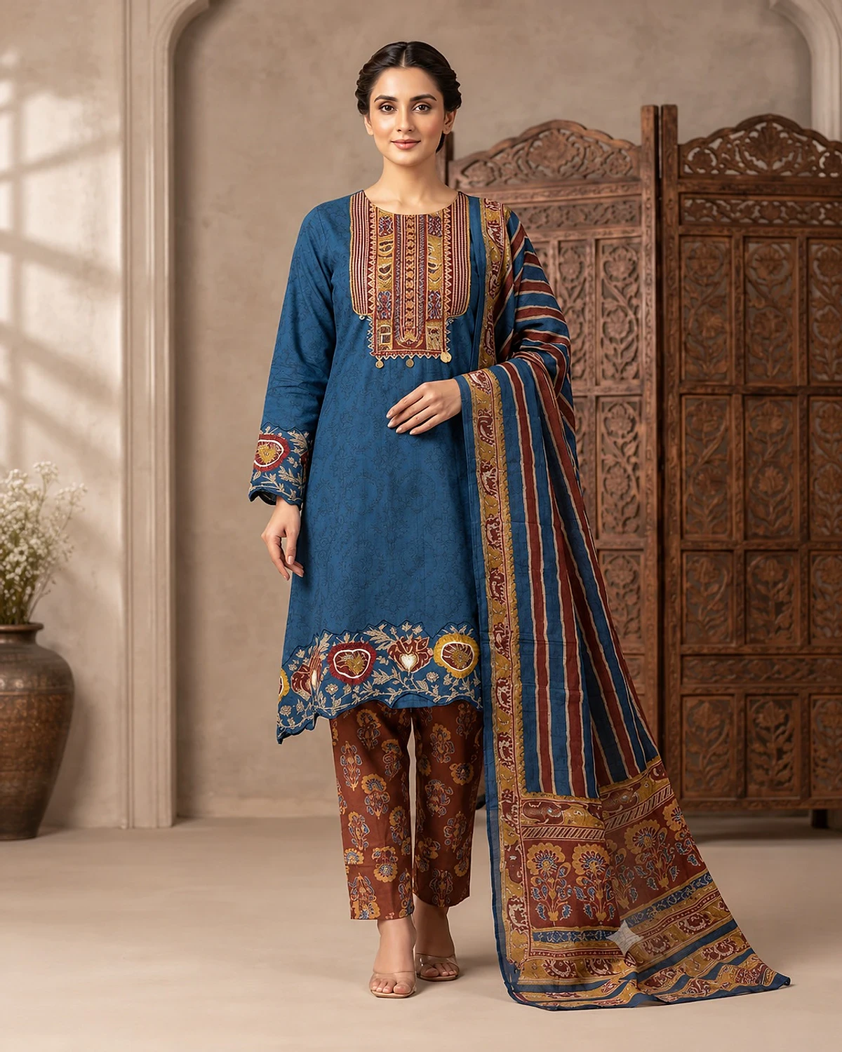 Woman wearing a blue kurta, trousers and dupatta