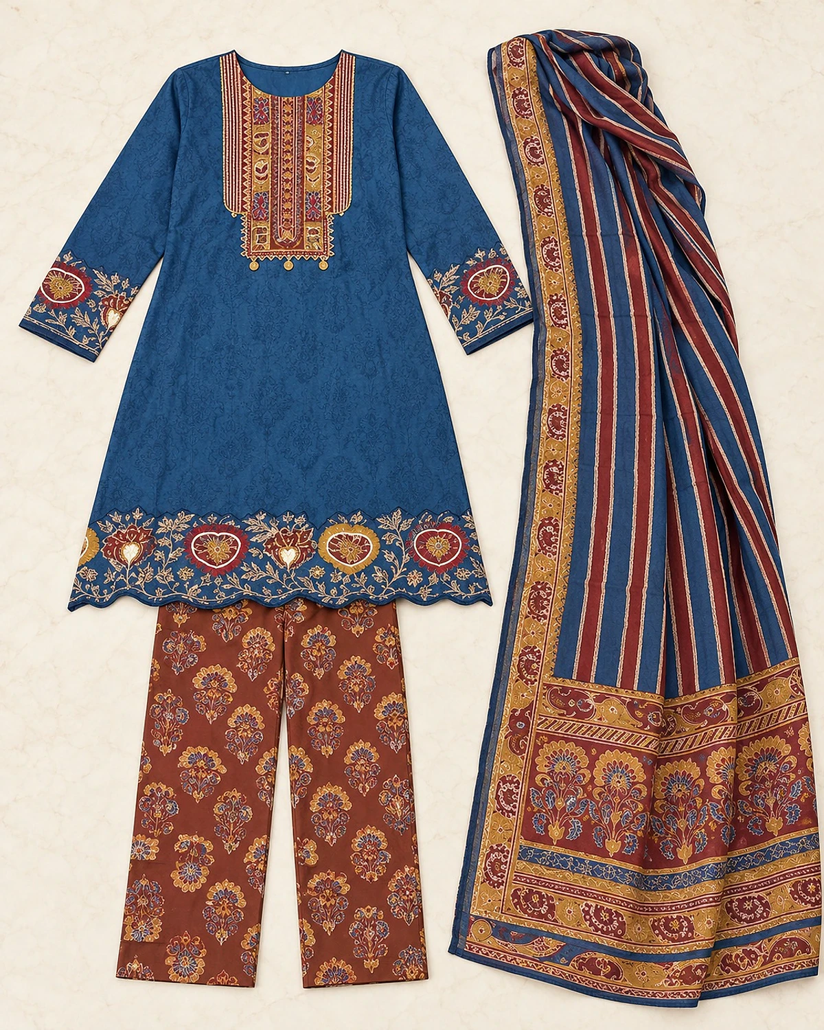 Blue kurta, trousers and dupatta laid out flat