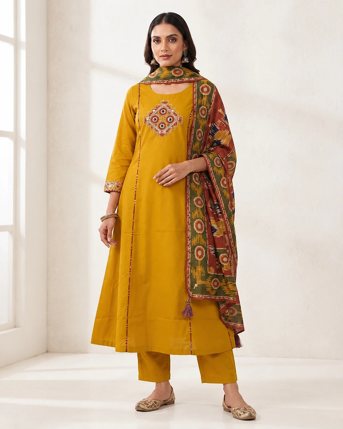 Woman wearing a mustard kurta, trousers and dupatta