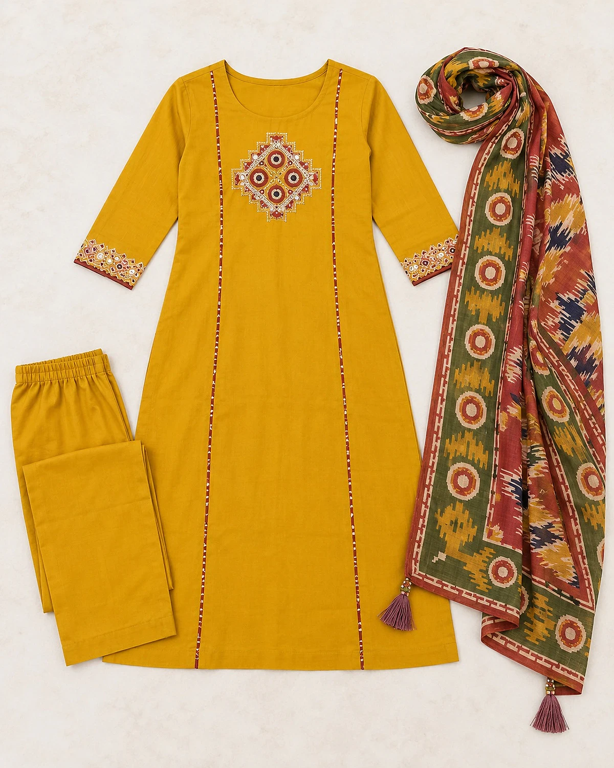 Mustard kurta, trousers and dupatta laid out flat