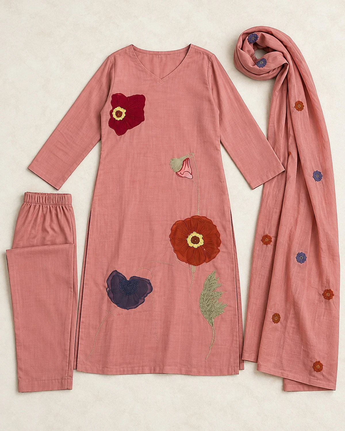 Dusty rose kurta, trousers and dupatta laid out flat