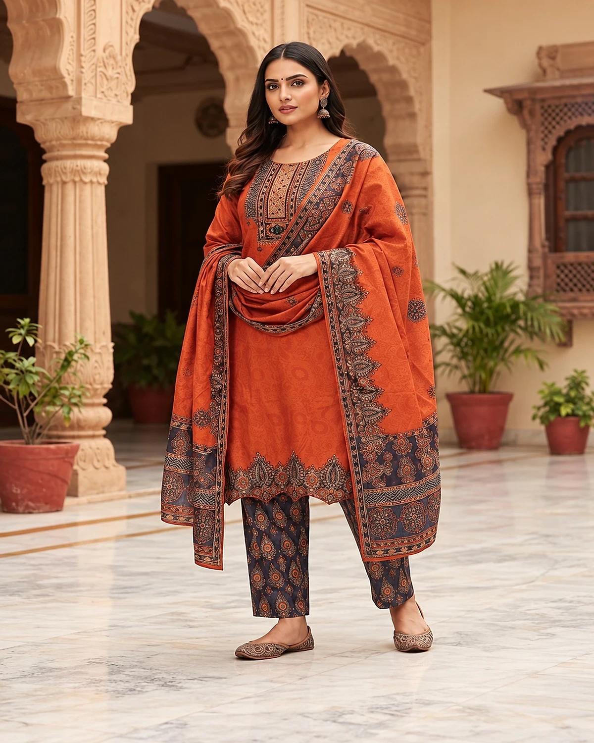 Woman wearing a rust orange kurta, trousers and dupatta