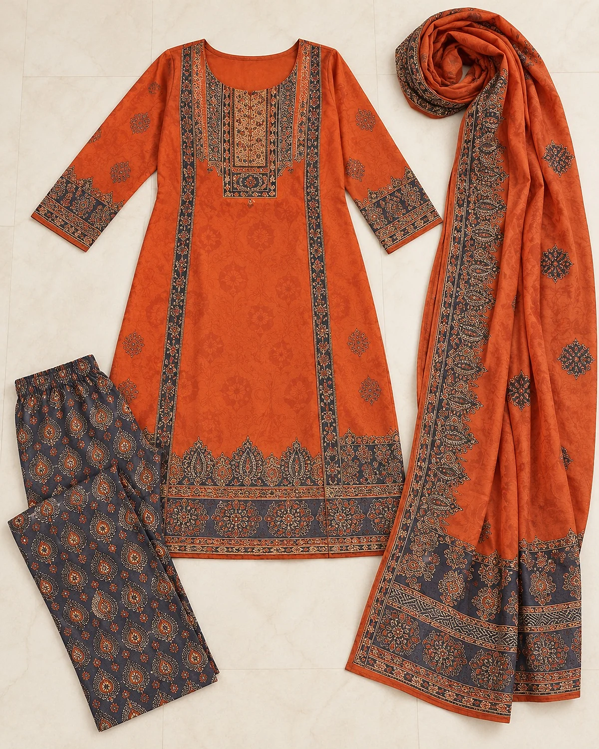 Rust orange kurta, trousers and dupatta laid out flat