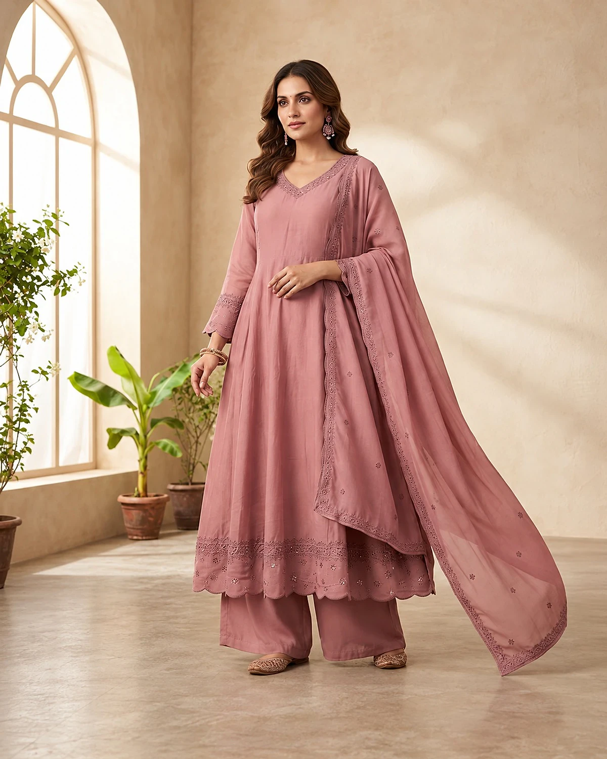 Woman wearing a dusty pink kurta, palazzo and dupatta