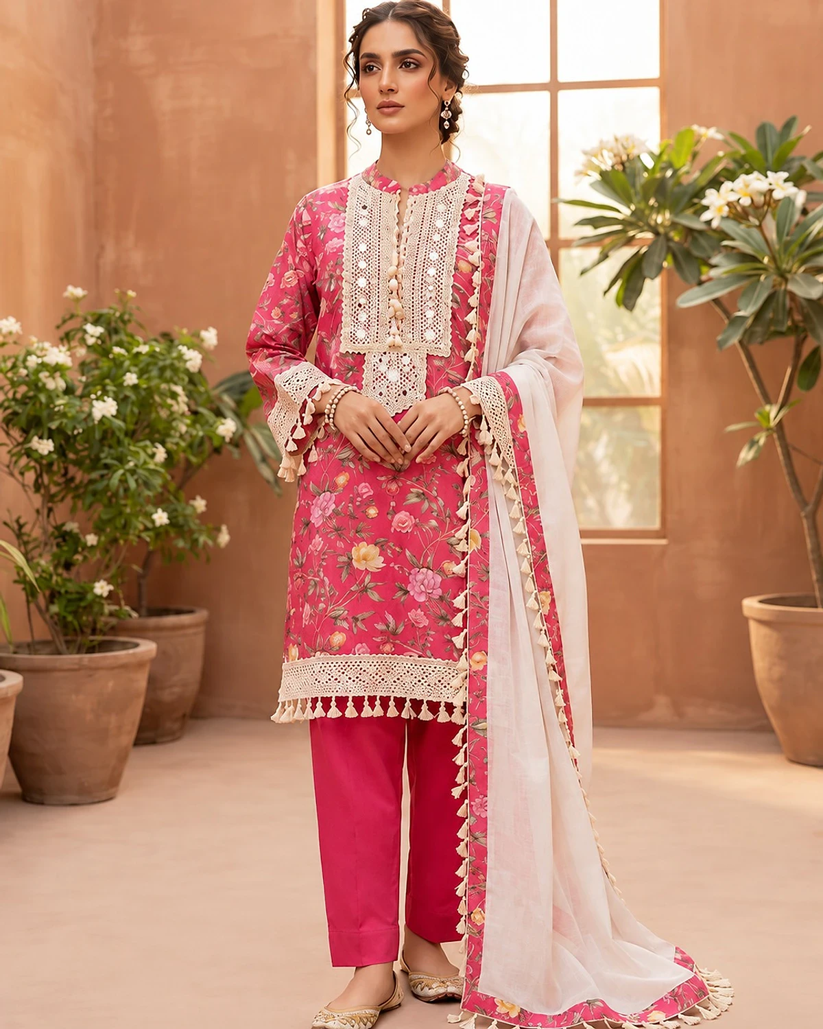 Woman wearing a pink kurta, trousers and dupatta