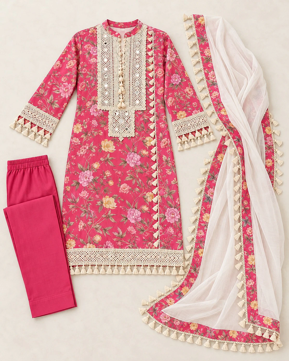 Pink kurta, trousers and dupatta laid out flat
