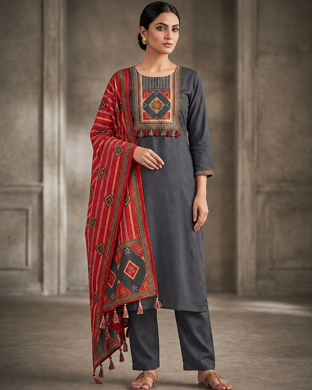 Woman wearing a charcoal grey kurta, trousers and dupatta