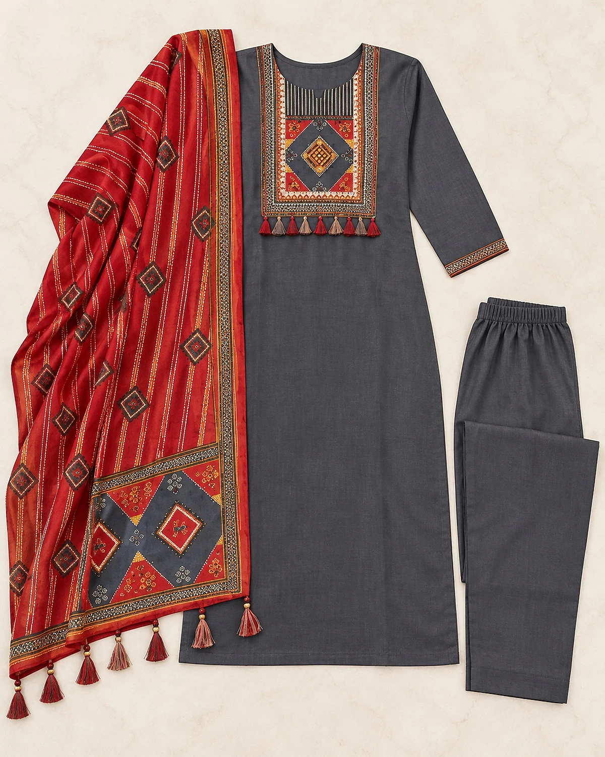 Charcoal grey kurta, trousers and dupatta laid out flat