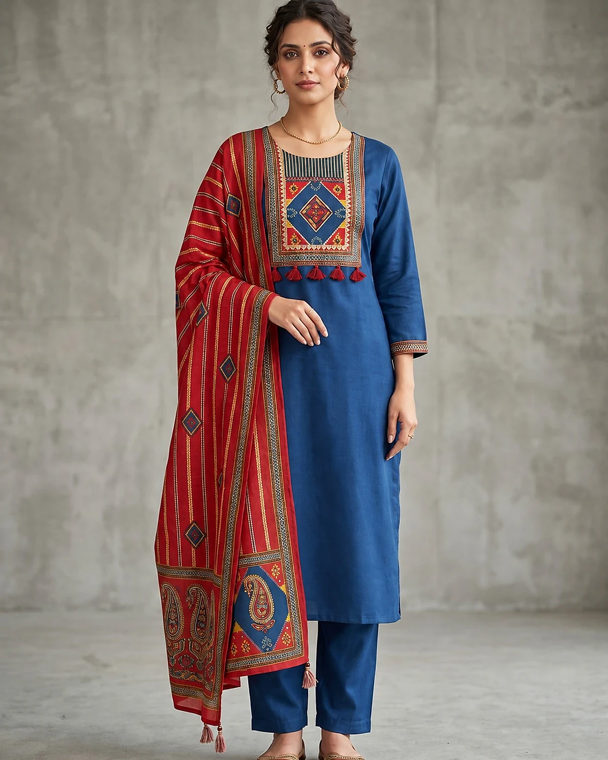 Woman wearing a royal blue kurta, trousers and dupatta