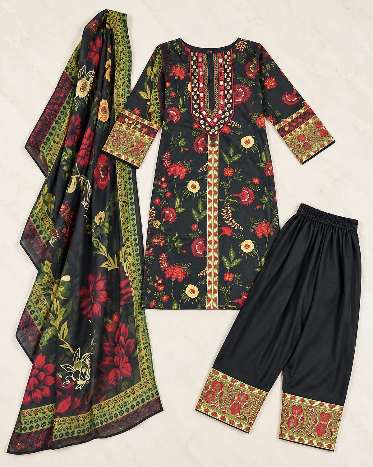 Black kurta, salwar and dupatta laid out flat