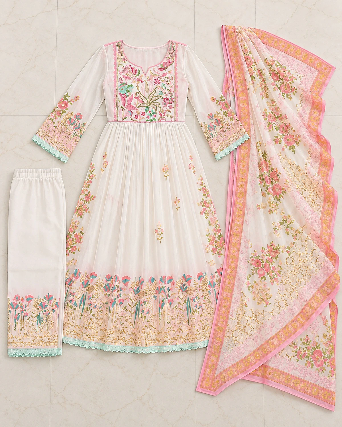 White kurta, trousers and dupatta laid out flat