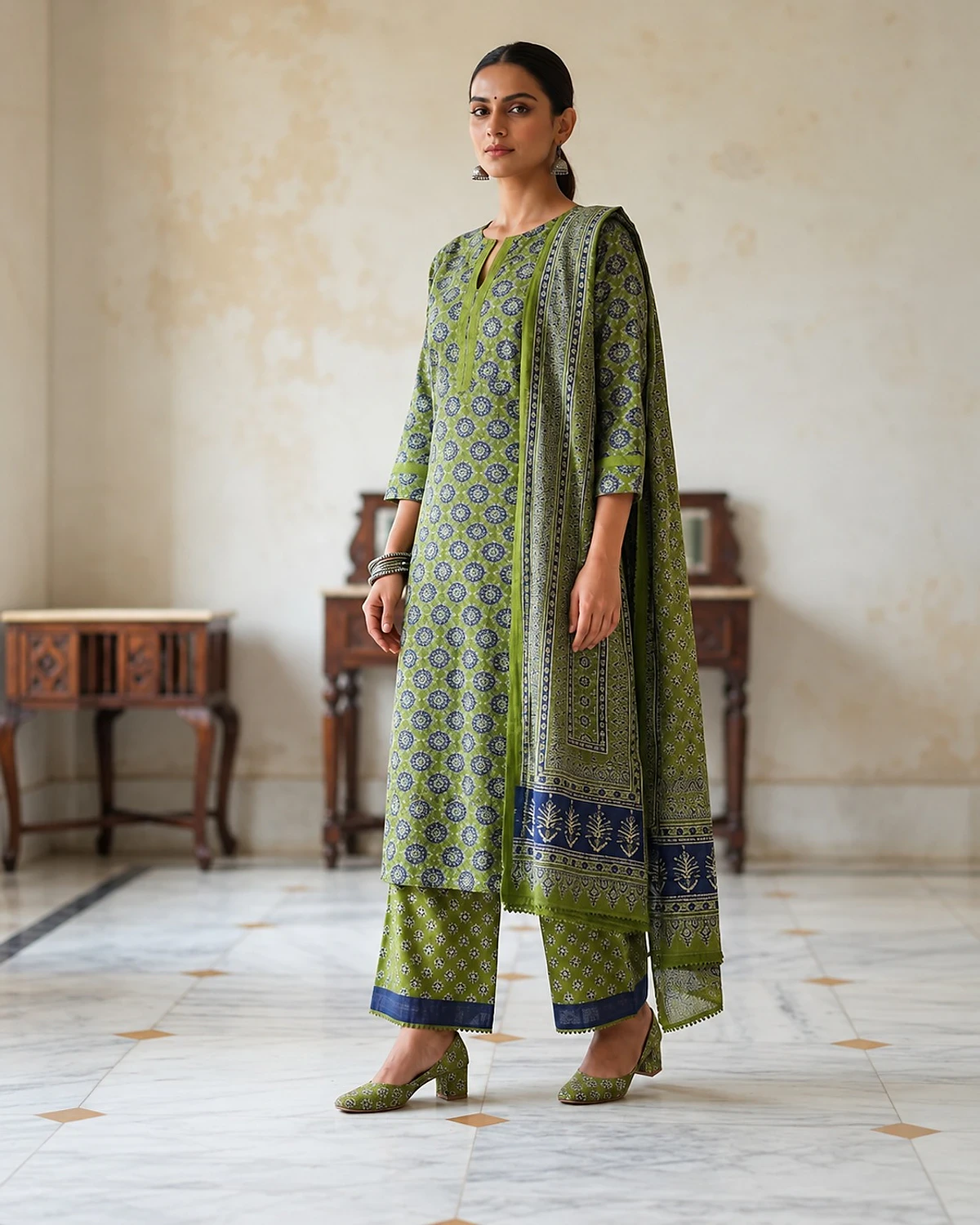 Woman wearing a leaf green kurta, palazzo and dupatta