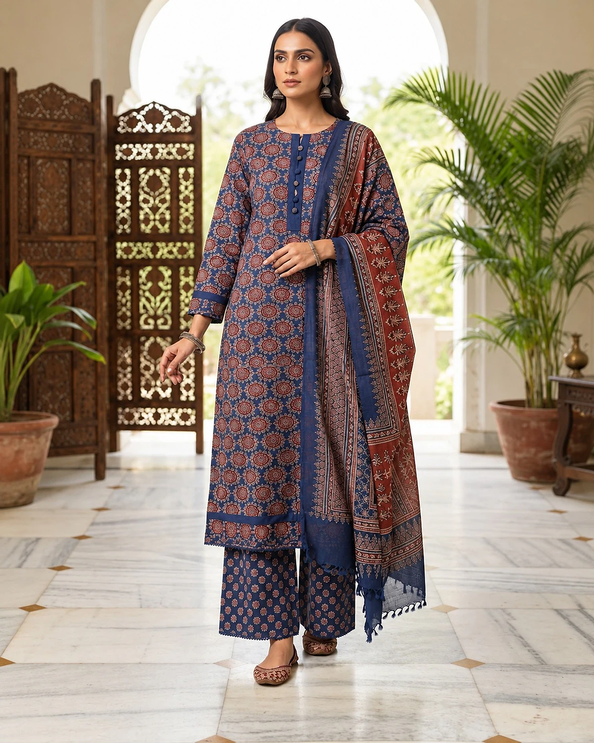 Woman wearing a navy and rust kurta, palazzo and dupatta