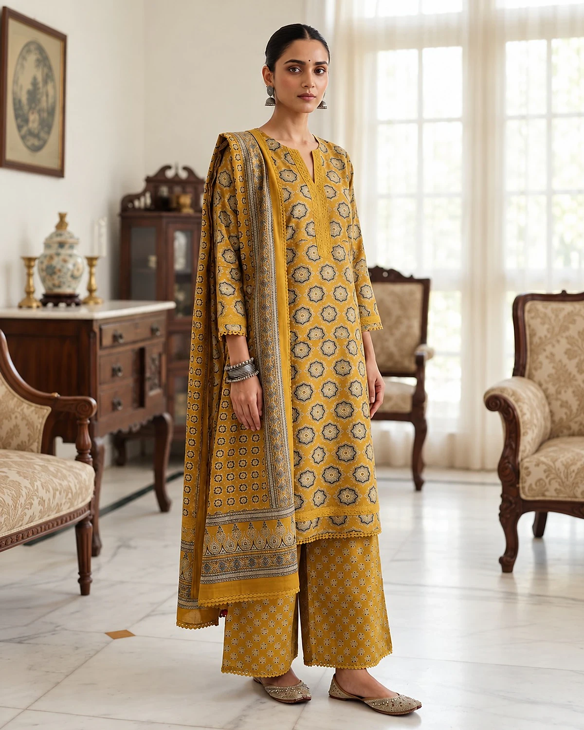 Woman wearing a mustard kurta, palazzo and dupatta