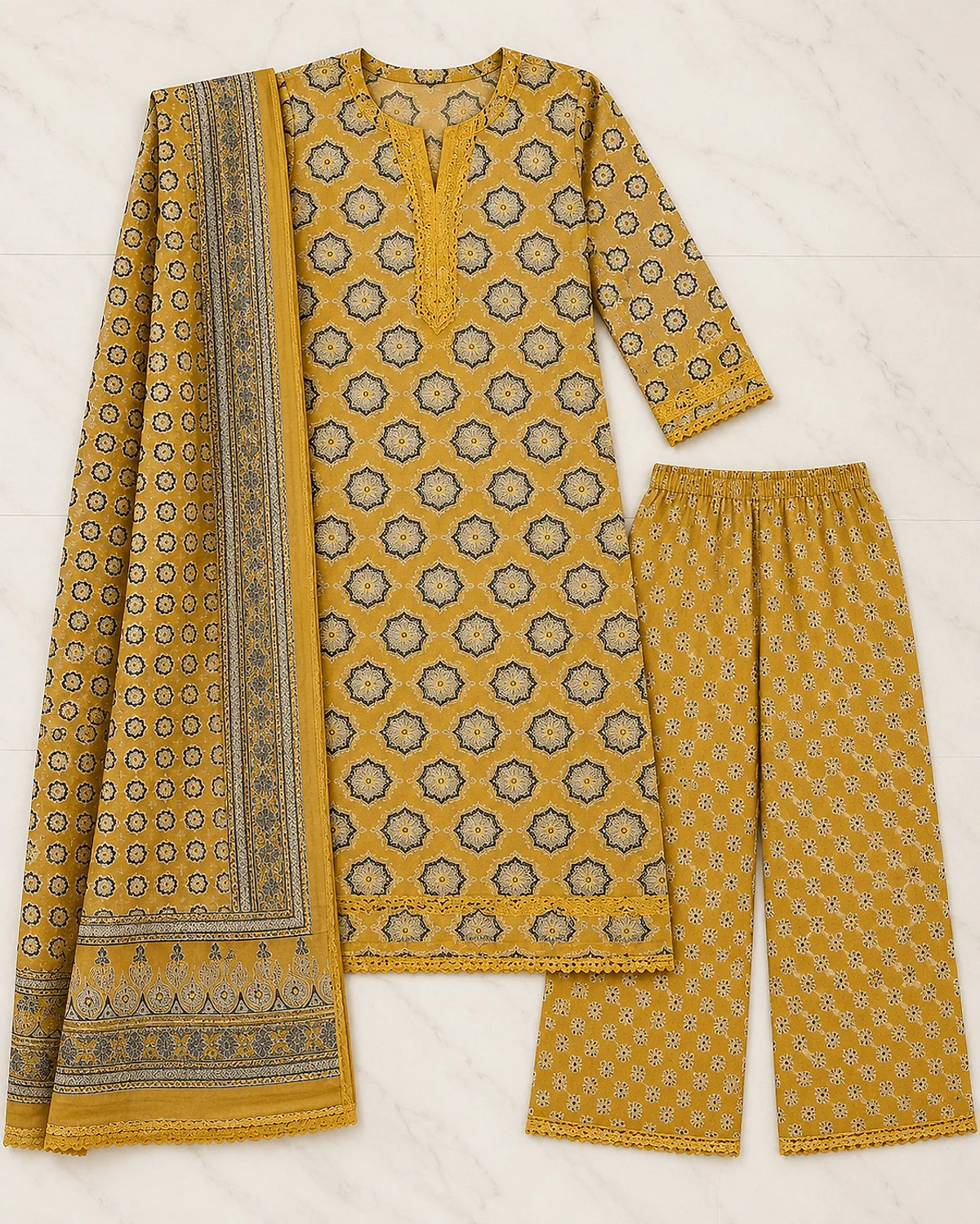 Mustard kurta, palazzo and dupatta laid out flat