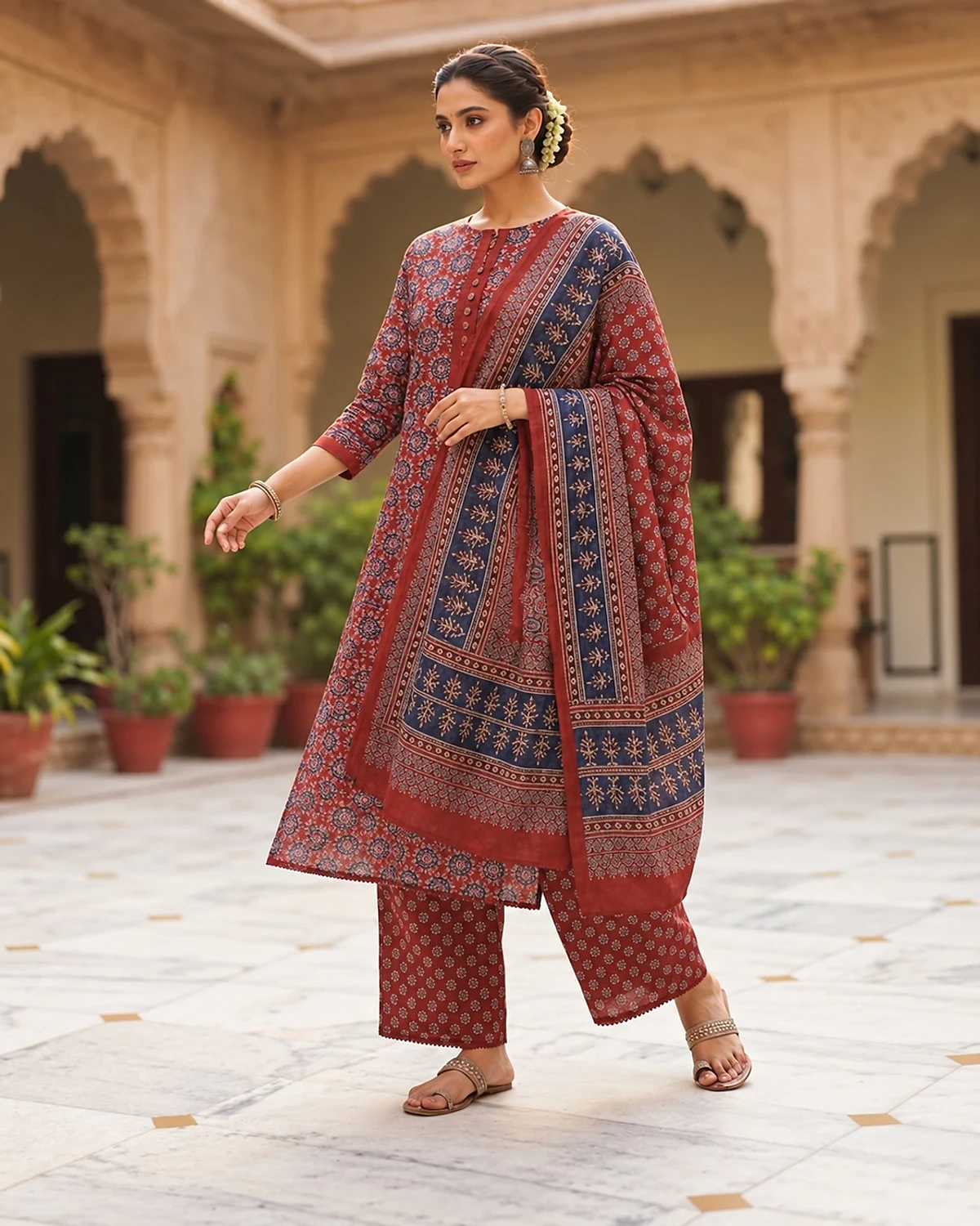 Woman wearing a brick red kurta, palazzo and dupatta