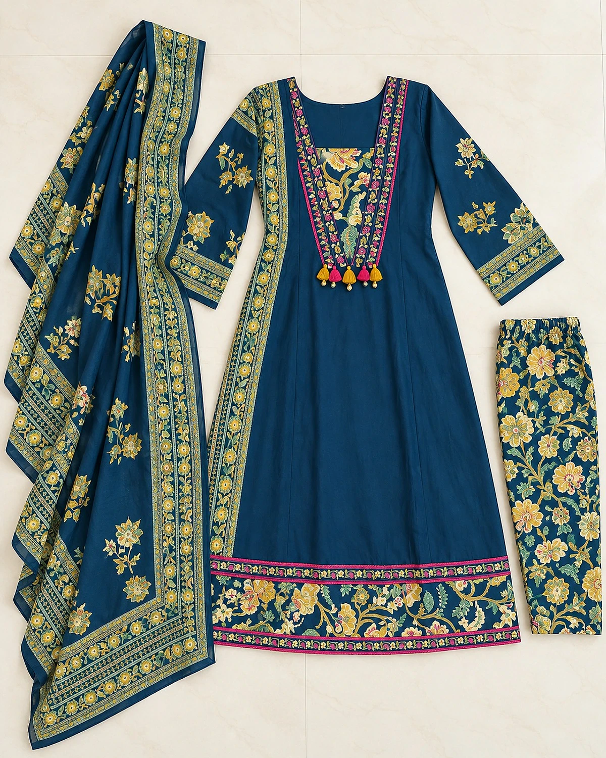Teal blue kurta, trousers and dupatta laid out flat