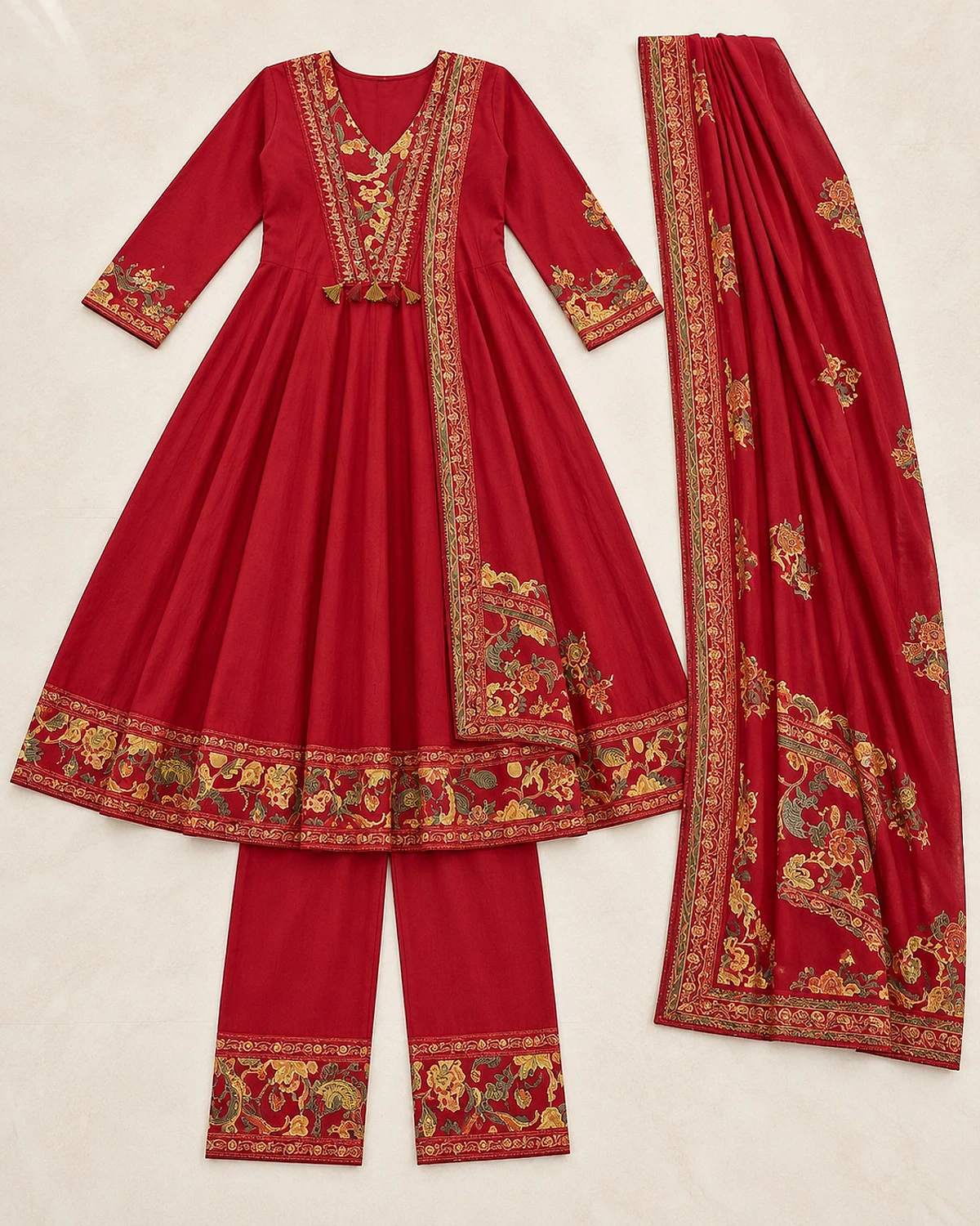 Red kurta, trousers and dupatta laid out flat