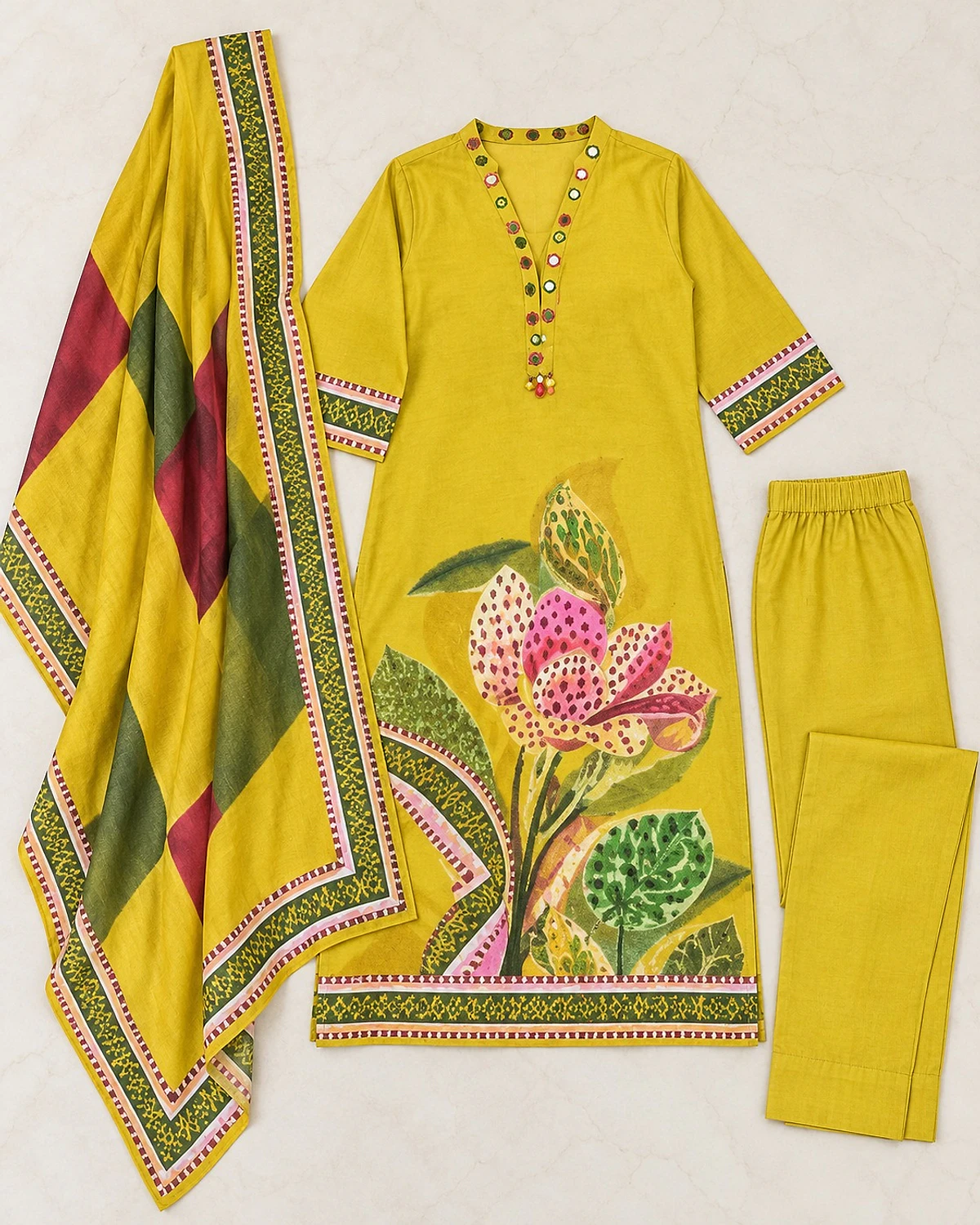 Lime yellow kurta, trousers and dupatta laid out flat