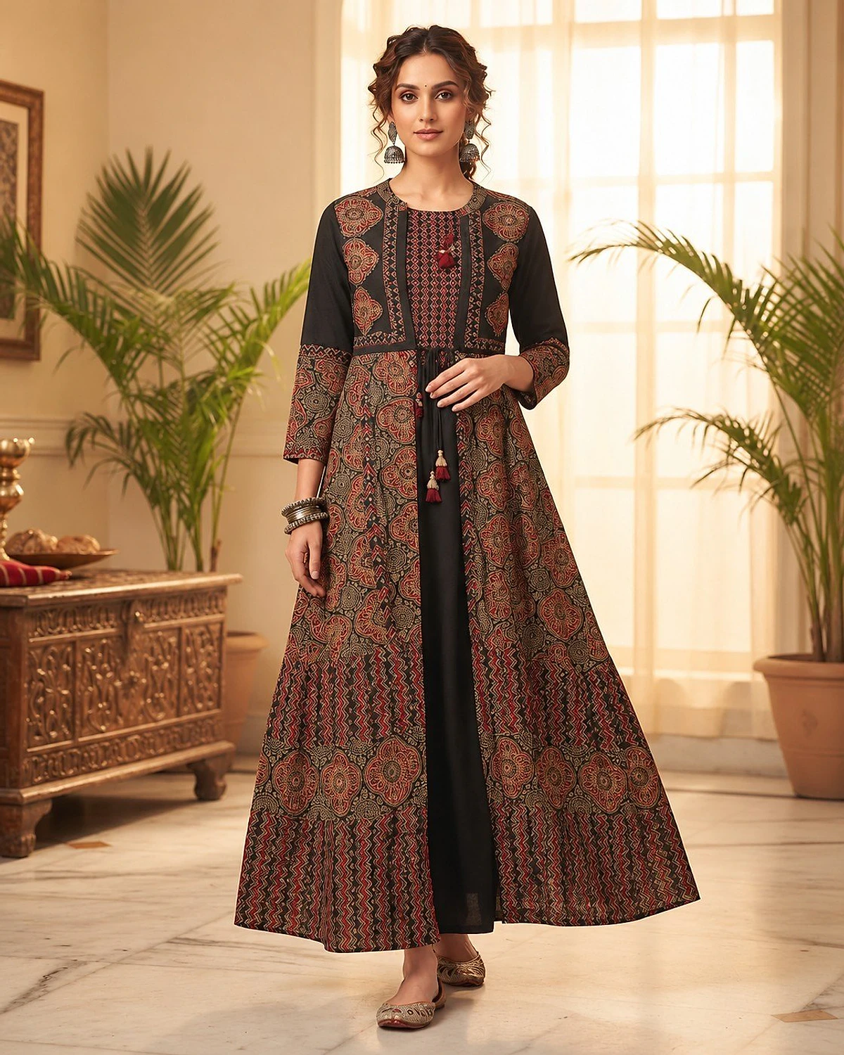 Woman wearing a black maxi dress with a printed jacket-style overlay